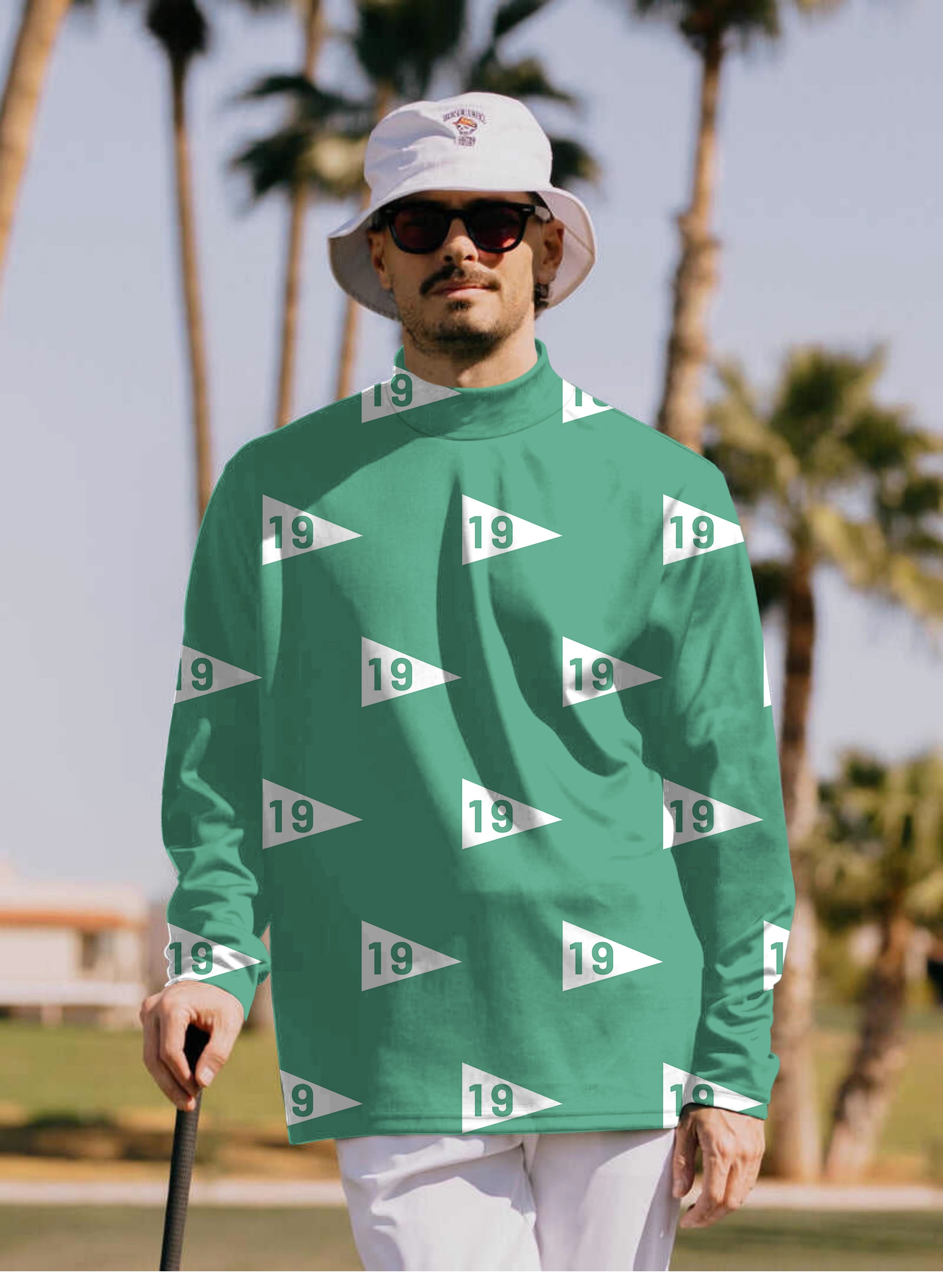 Men's 19th hole-38 green high neck pullover long sleeve golf shirt with custom logo options