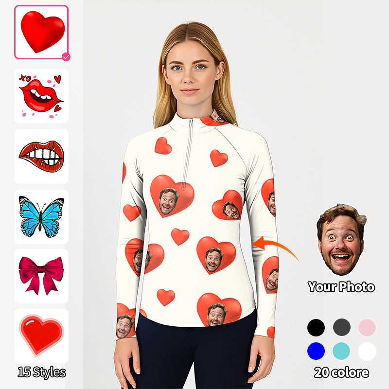 Women's Valentine's Day custom photo face white 3/4 zip golf active top with long sleeves and heart design