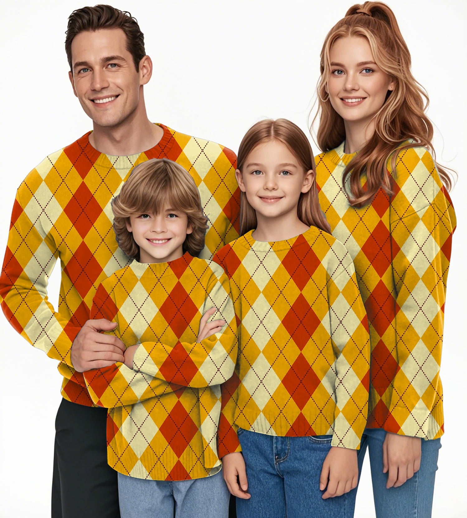 Family wearing Halloween light yellow and red argyle crewneck pullover ugly sweaters
