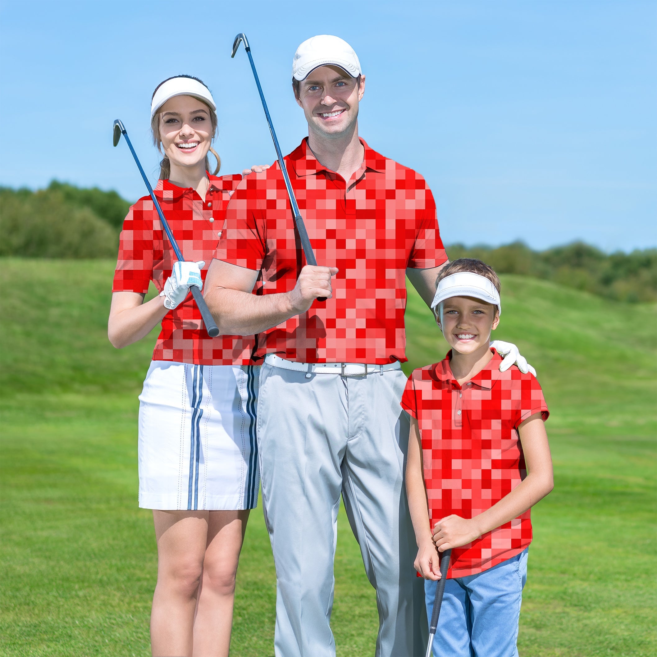 Family wearing coordinated red pixel pattern golf shirts on course with clubs