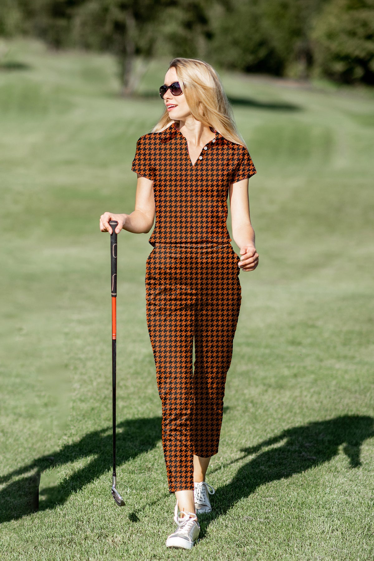 Women's Golf Polo+Pants Set Halloween yellow and black houndstooth