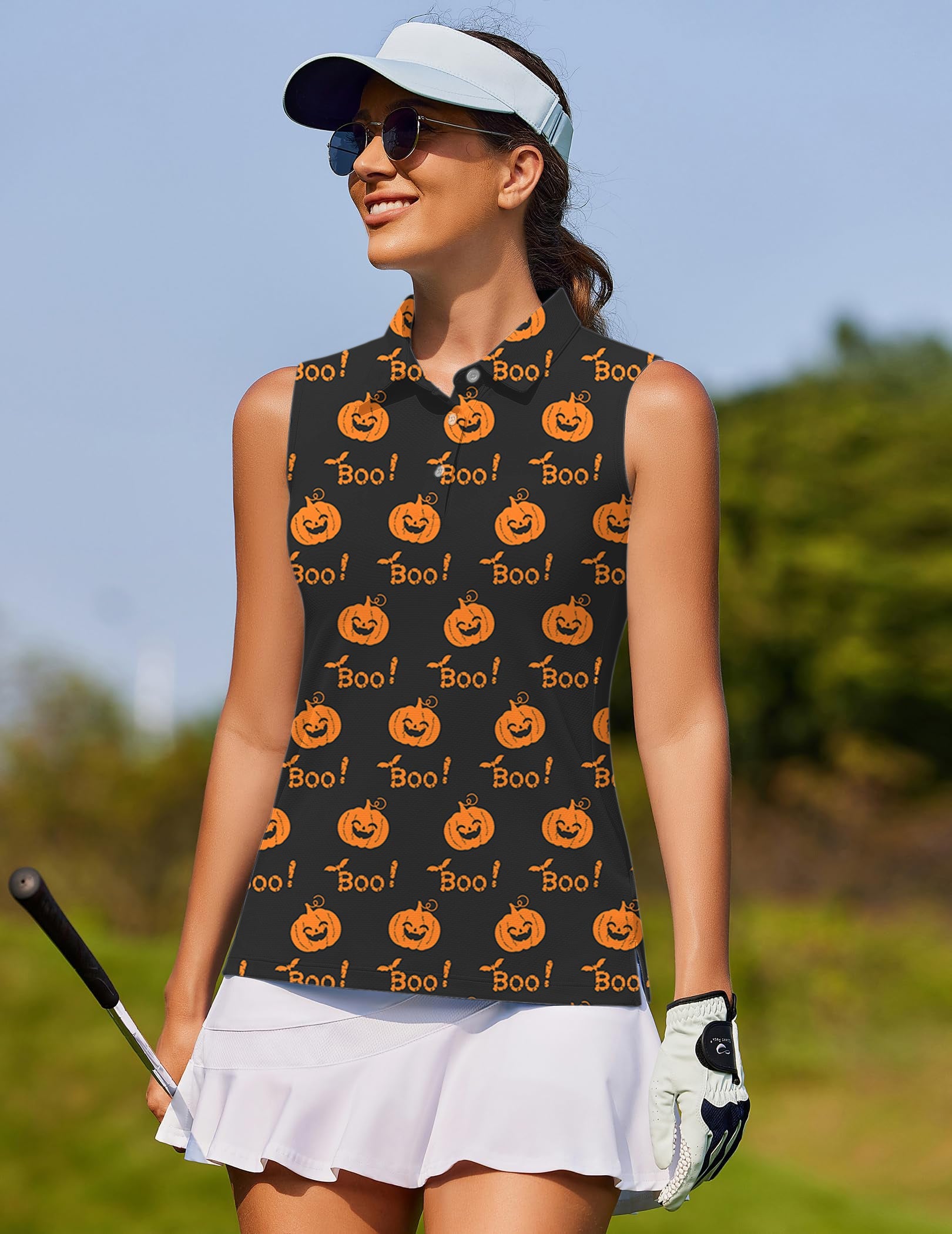 Women's Halloween Boo Pumpkin sleeveless golf shirt with pumpkin and "Boo!" print