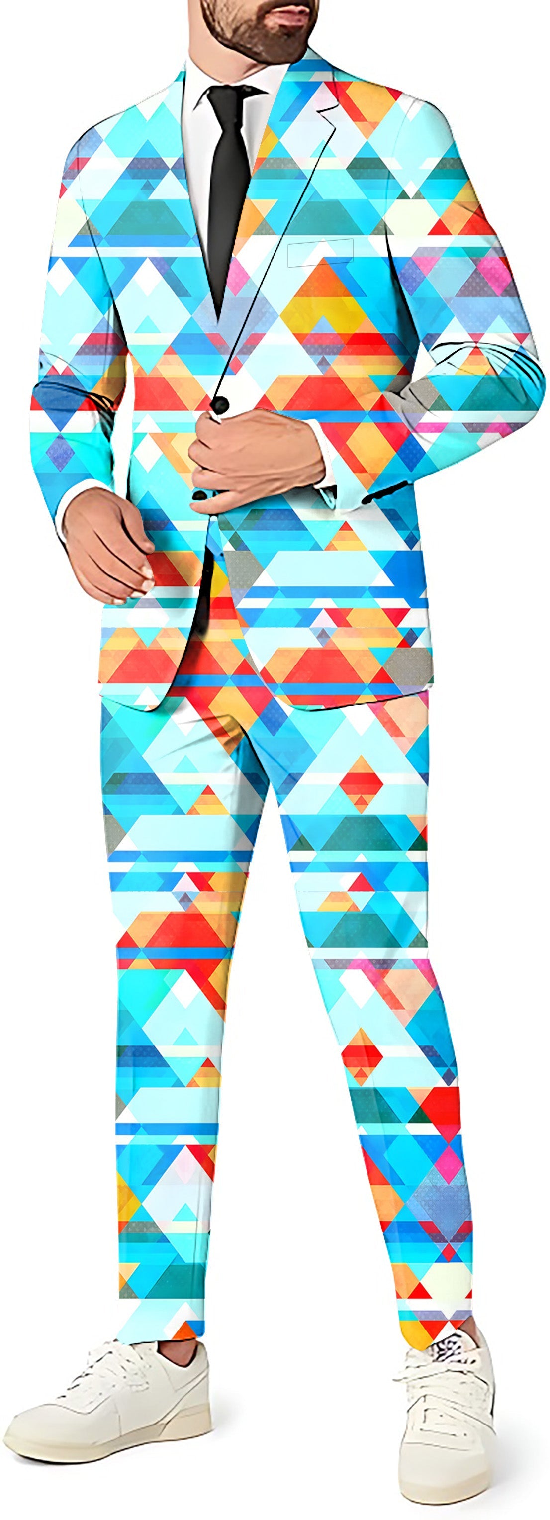 Geometric lattice men's party costume suit set with blazer, pants, and vest in colorful triangular pattern