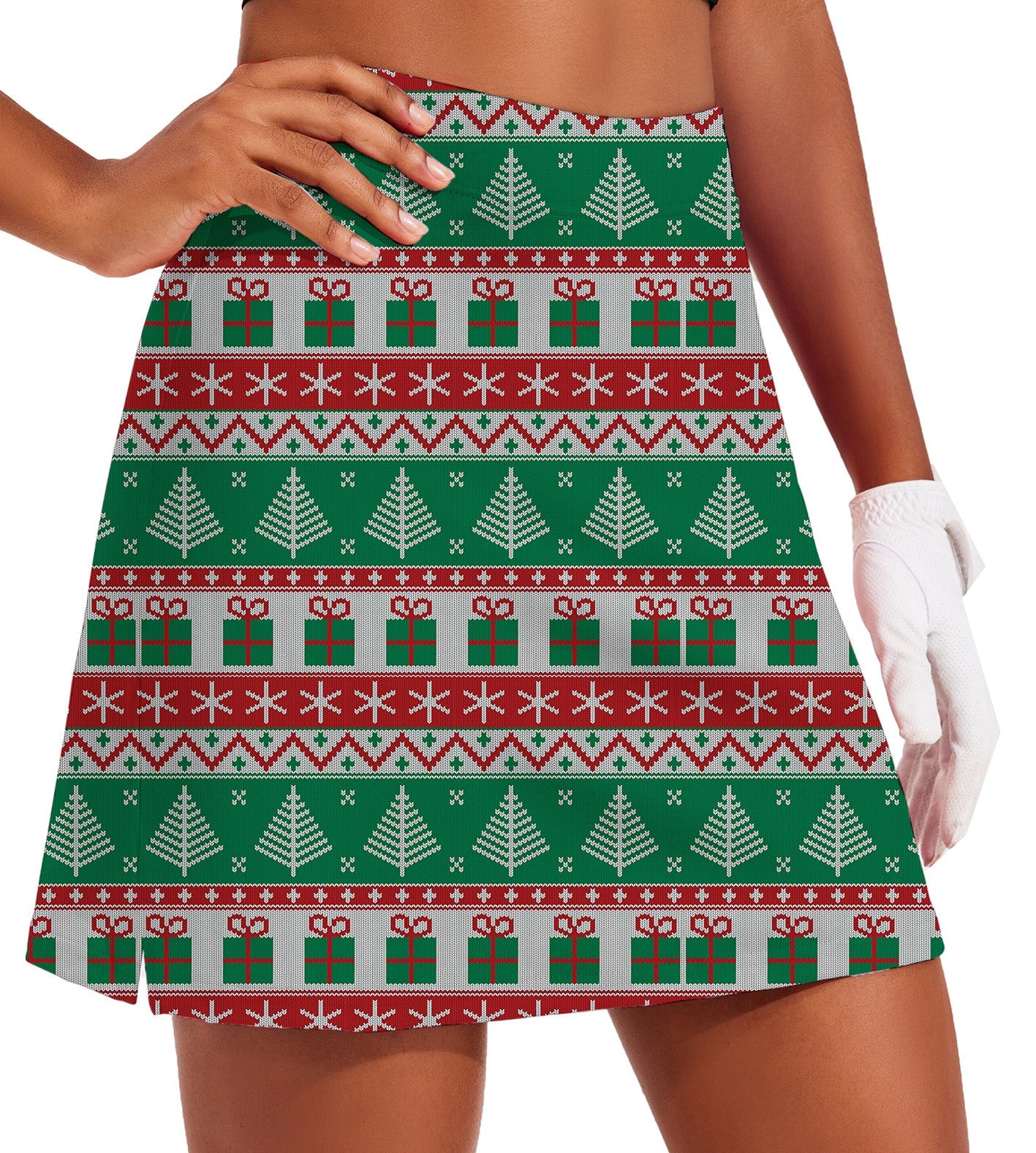Women's Christmas tree golf skirt with breathable fabric, hidden pockets, silicone leg grippers, and wide elastic waistband for comfort and moisture-wicking performance.