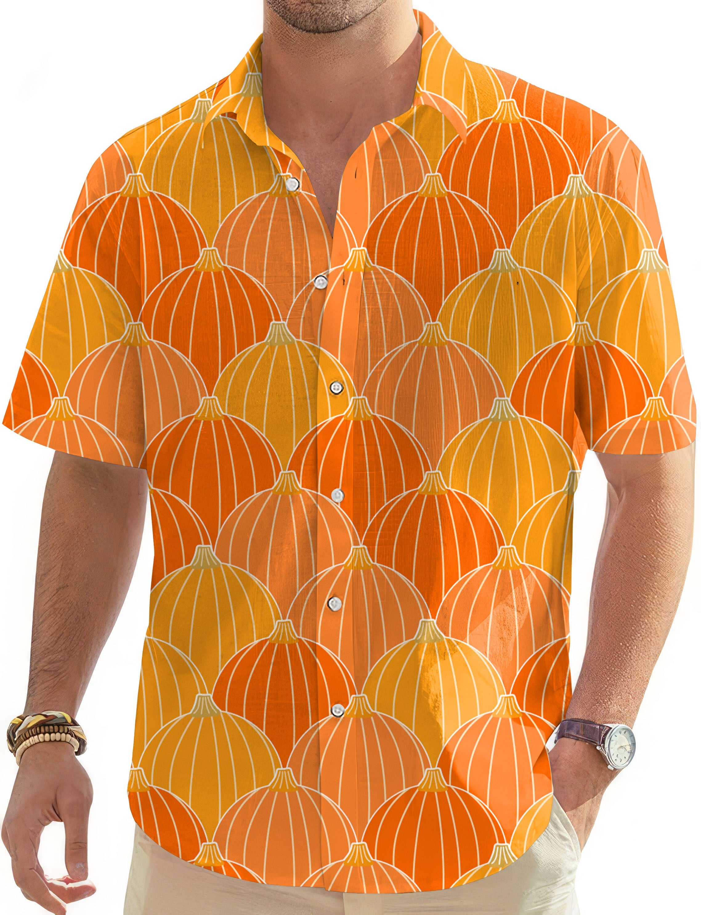 Men's Halloween Thanksgiving pumpkin bones patterned short sleeve Hawaiian golf shirt with button-down front