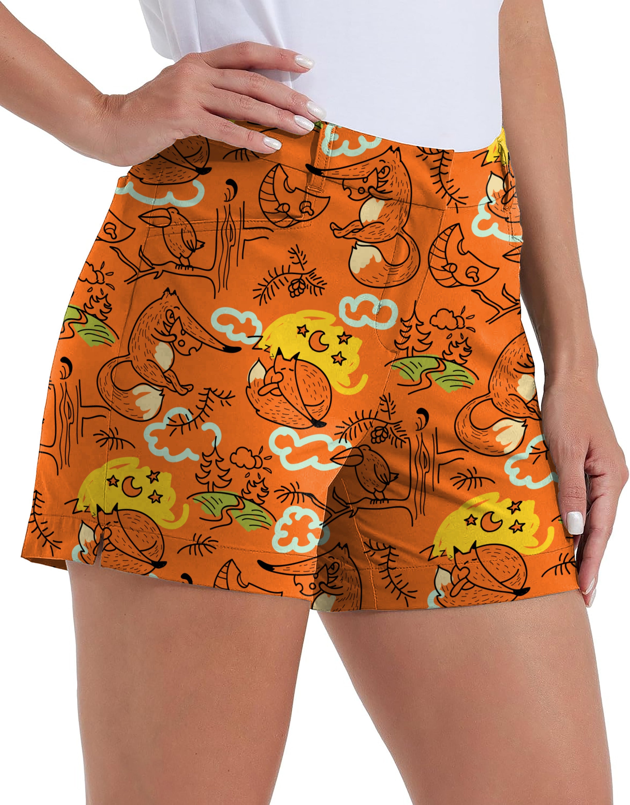 Lazy fox Own Logo women's quick-dry golf shorts with orange fox pattern and pockets
