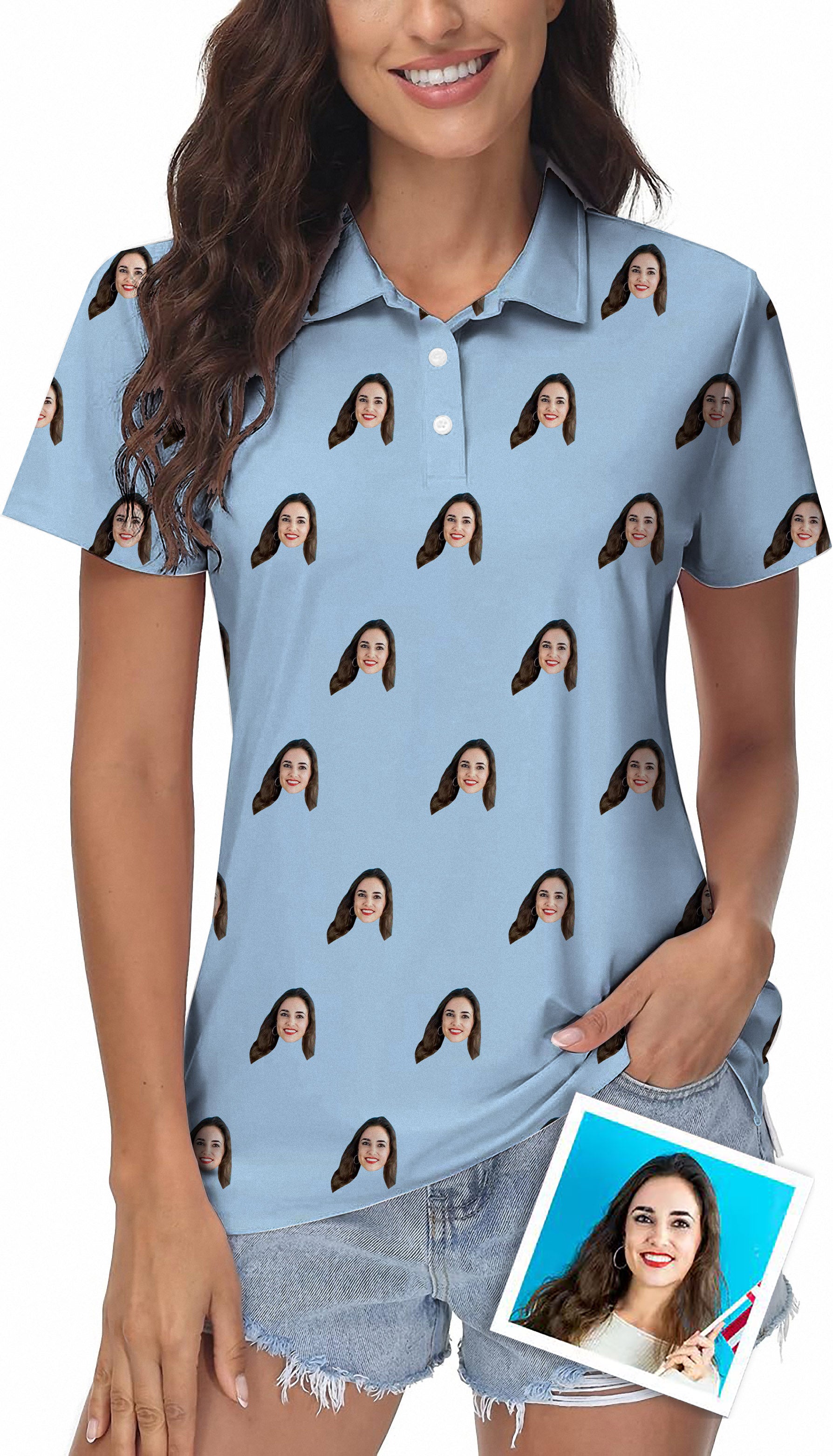 Custom photo funny face women's golf polo shirt with four-way stretch and UPF 40+ protection