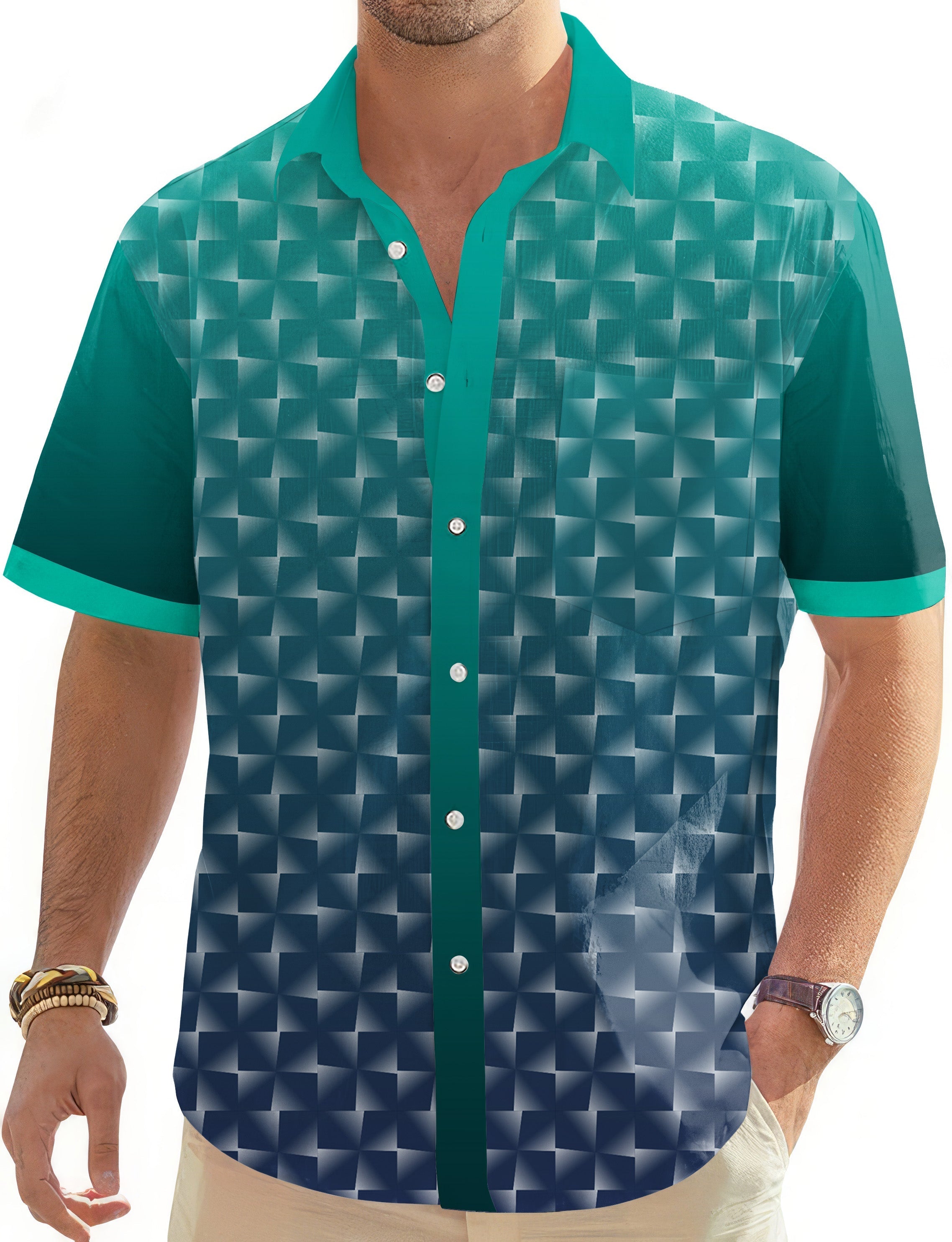 Men's cyan gradient custom sport team golf Hawaiian button-down shirt with short sleeves and geometric pattern