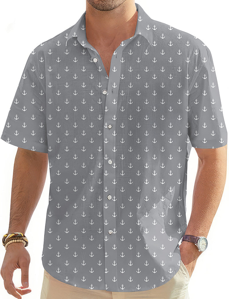 Light gray anchor men's short sleeve button-down Hawaiian golf shirt