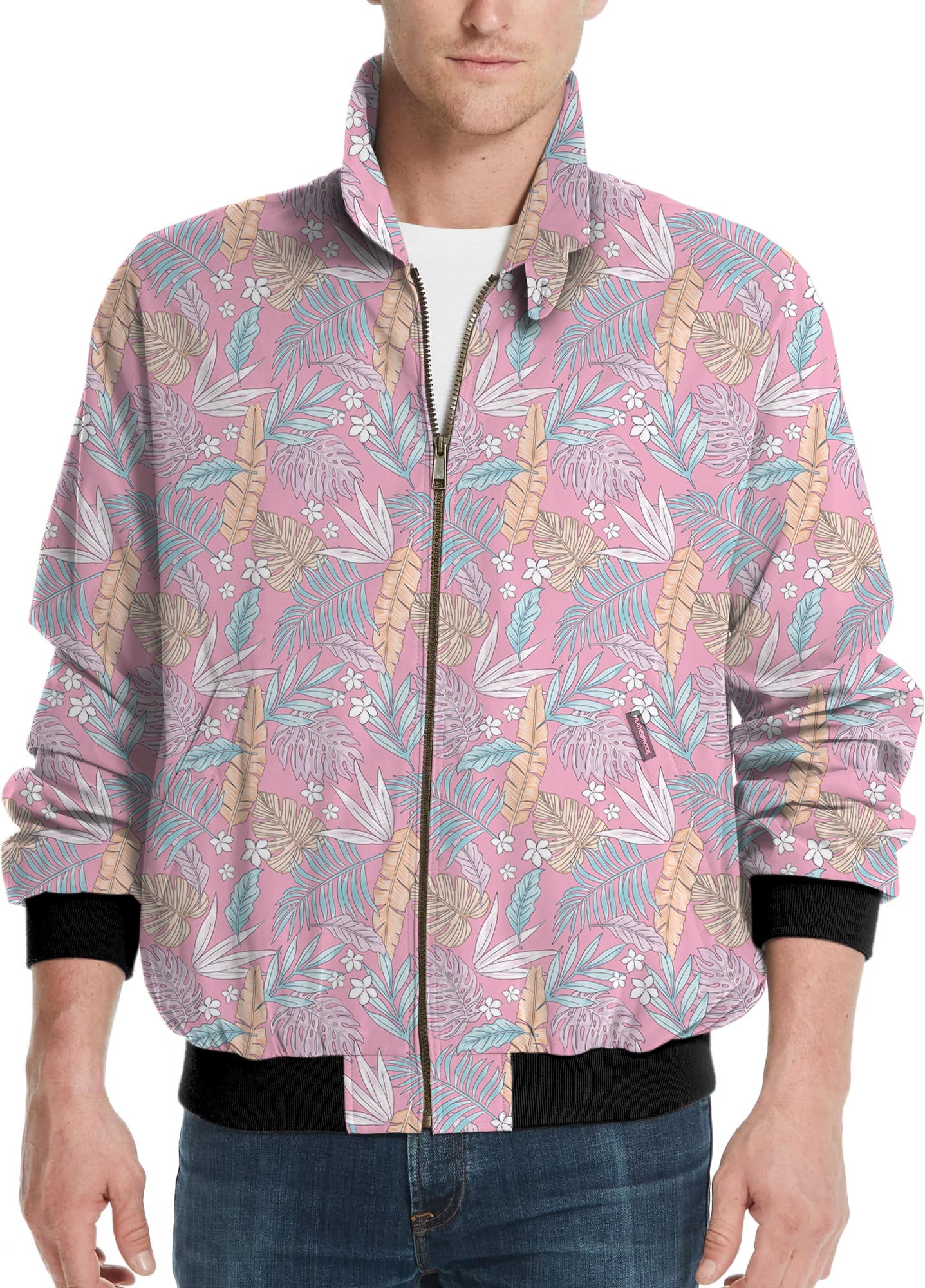 Feathered Paradise men's golf windbreaker light jacket with tropical pattern and full zip front