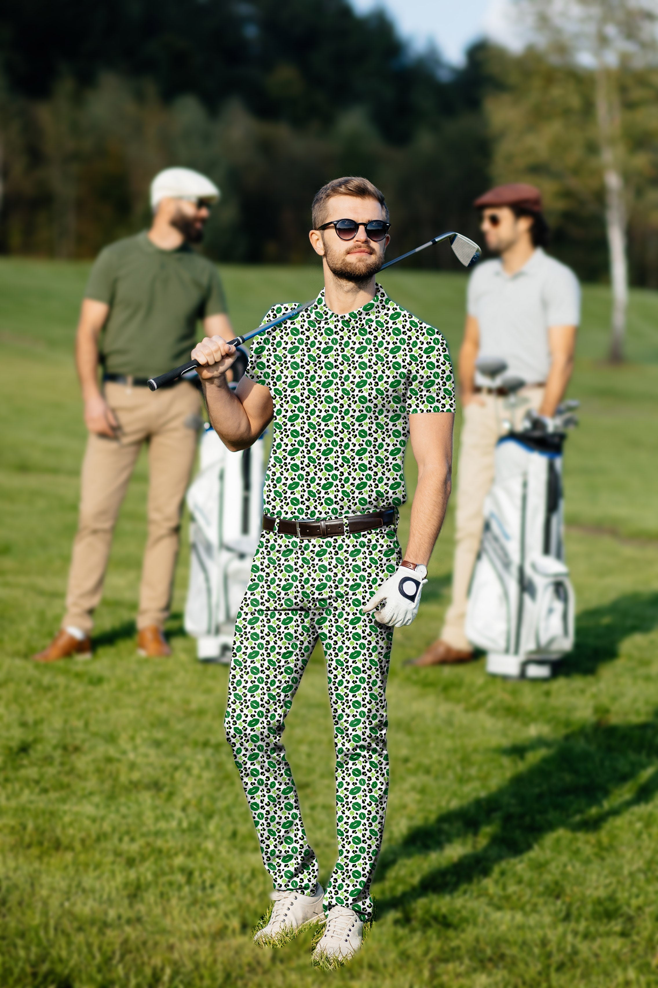 Men's golf set with green leopard print polo and pants perfect for St. Patrick's Day golf style