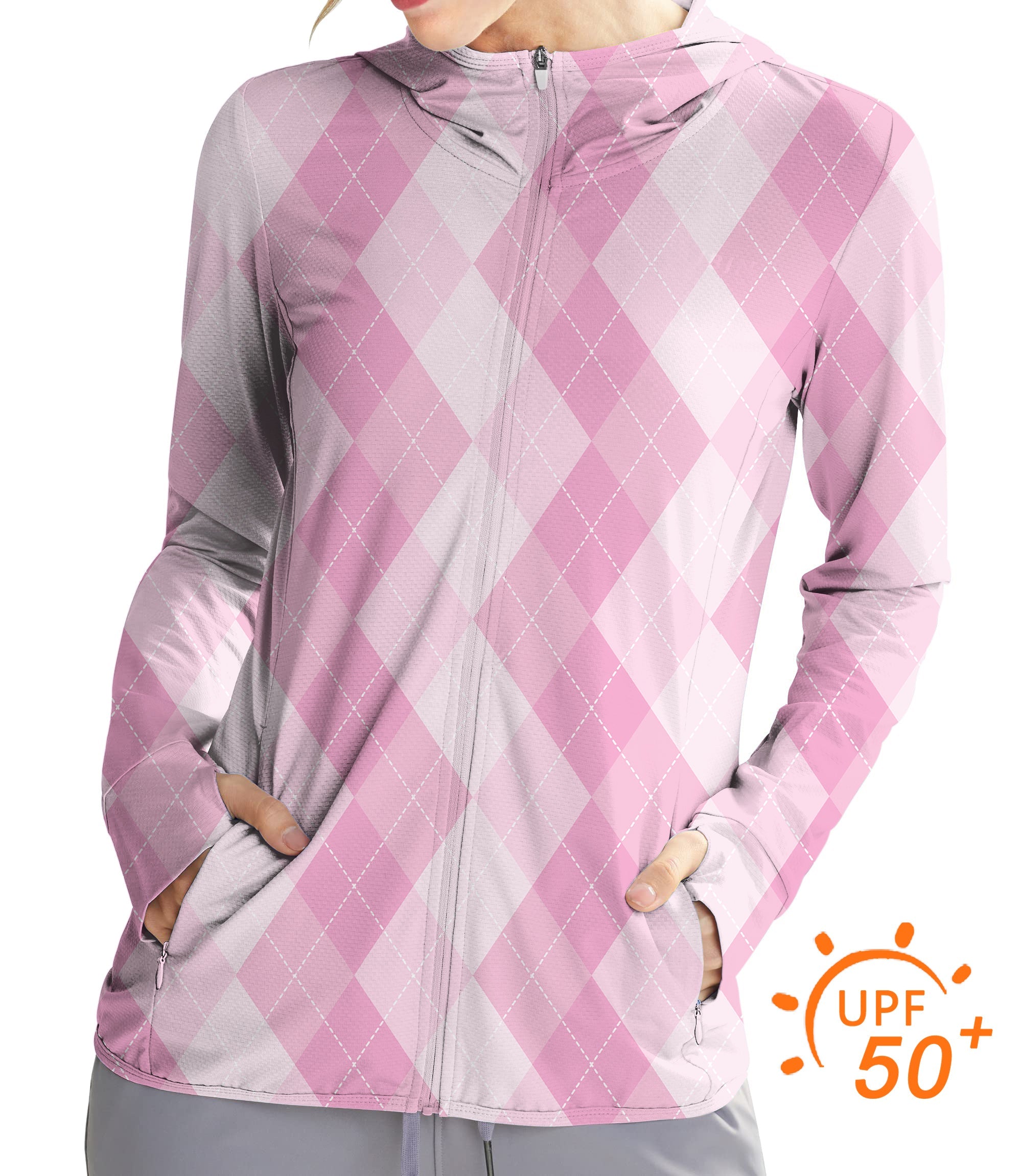 Women's outdoor pink argyle zip hoodie with UPF 50+ sun protection, slim fit, and thumb holes