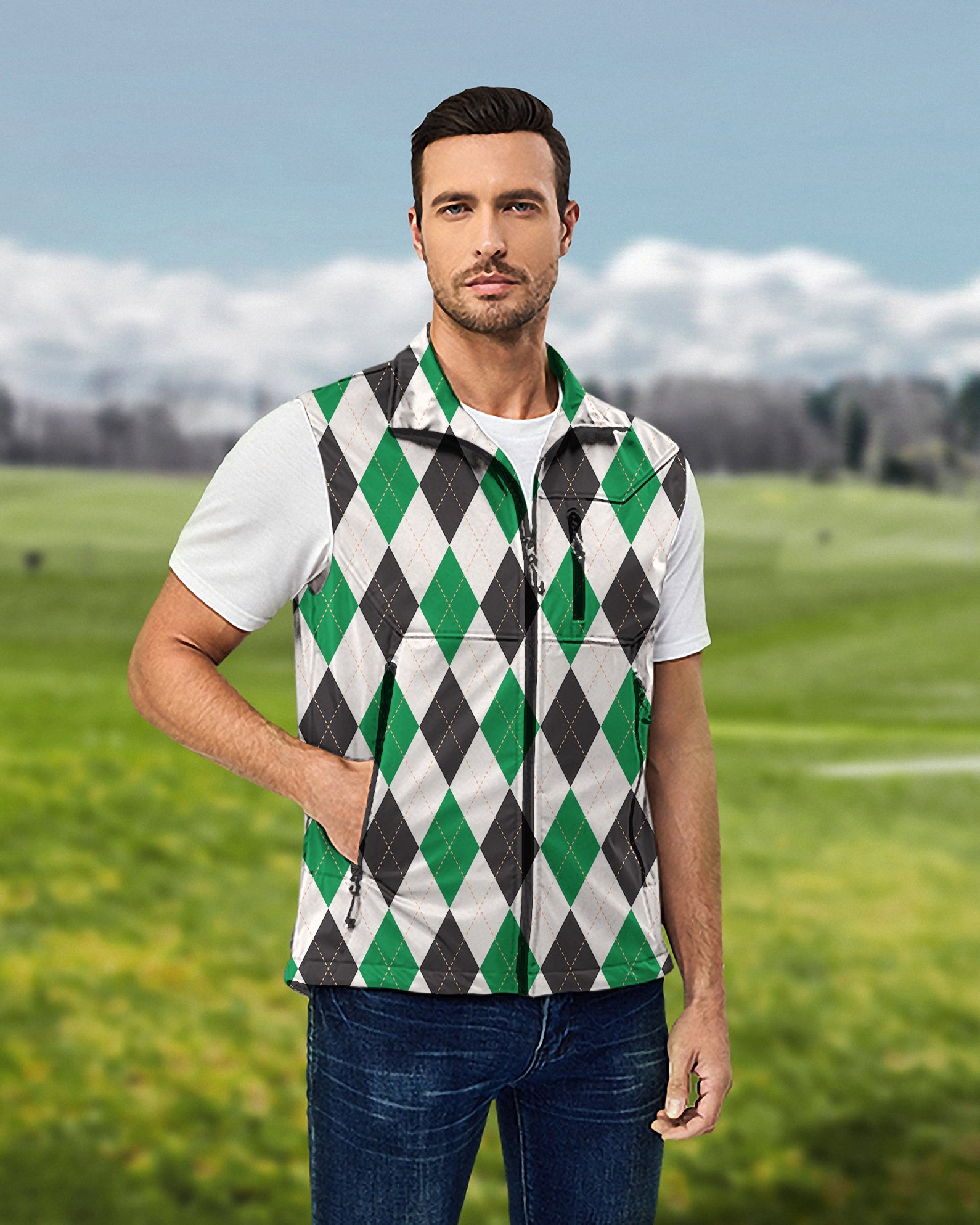Men's Argyle grid Lightweight Softshell Vest Sleeveless Jacket for Golf Windproof Waterproof
