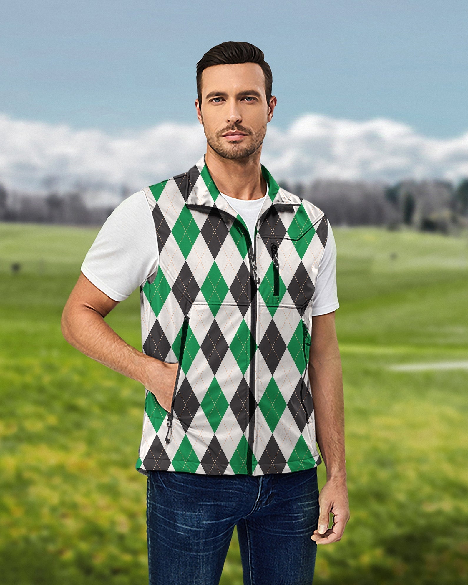 Men's Argyle grid sleeveless softshell vest for golf, lightweight, windproof, and waterproof