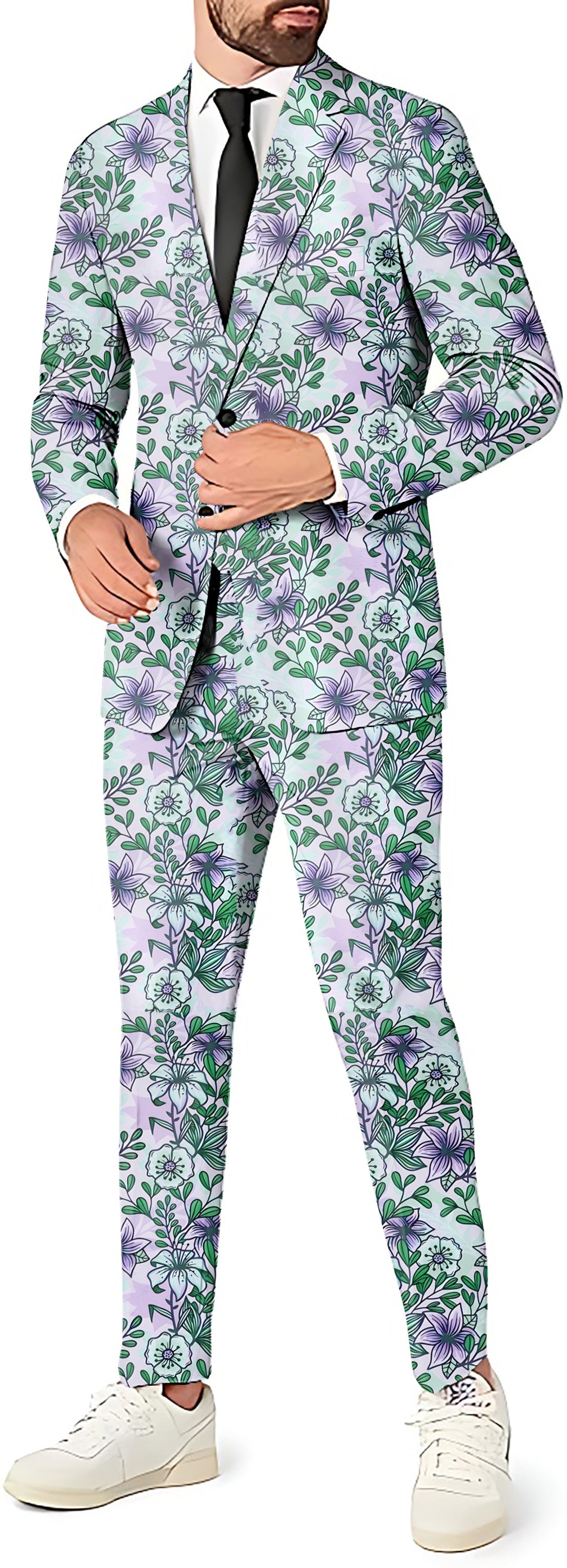 Purple flowers men's party costume blazer pants and vest set with floral pattern