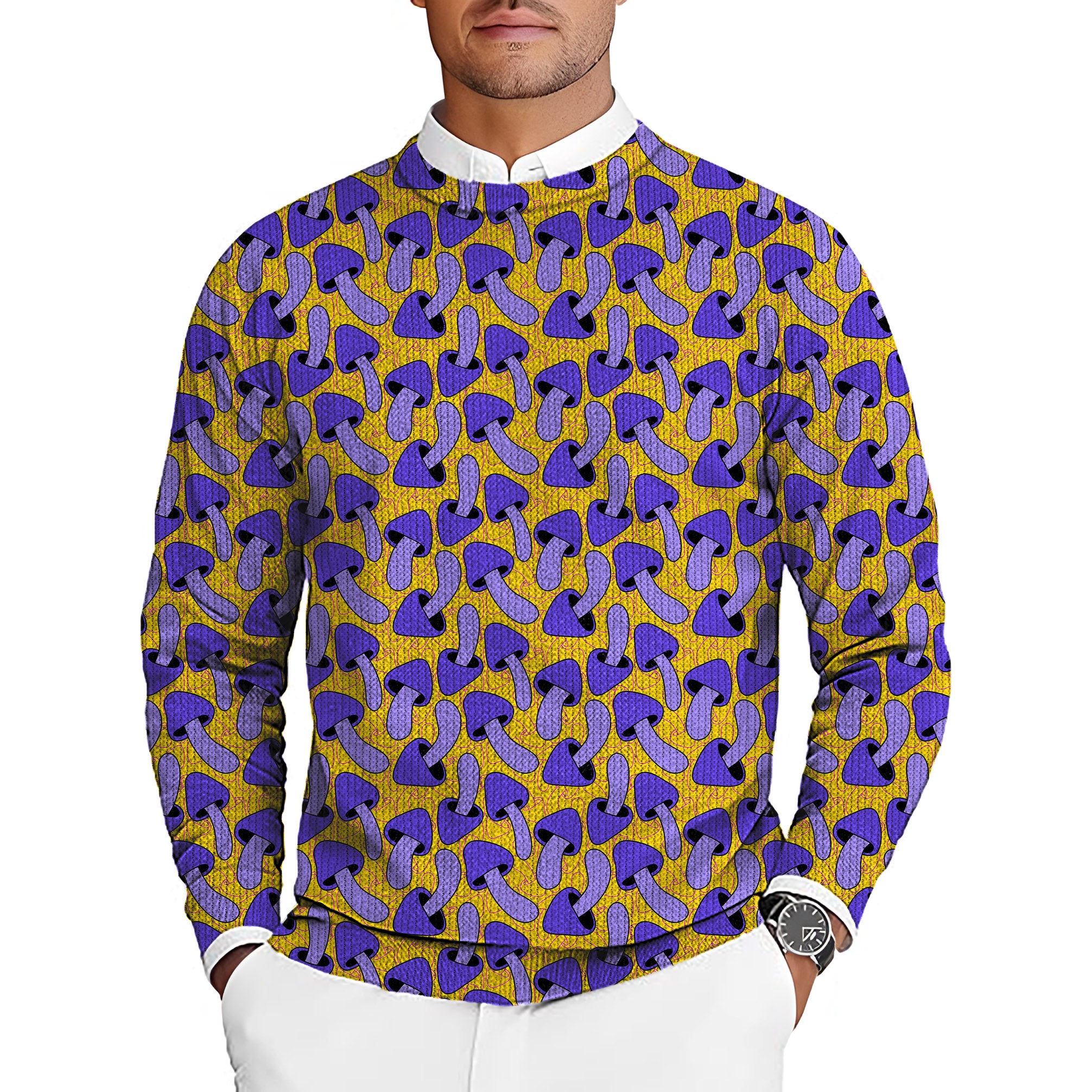 Psychedelic Mushroom Print Men's Golf Crewneck Pullover Sweaters Ugly Sweater