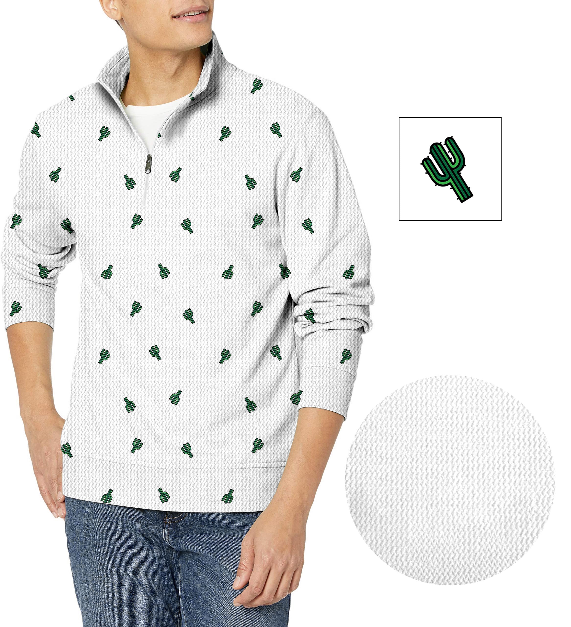 Men's white waffle golf pullover with green cactus print and quarter zipper, customizable for team uniforms.