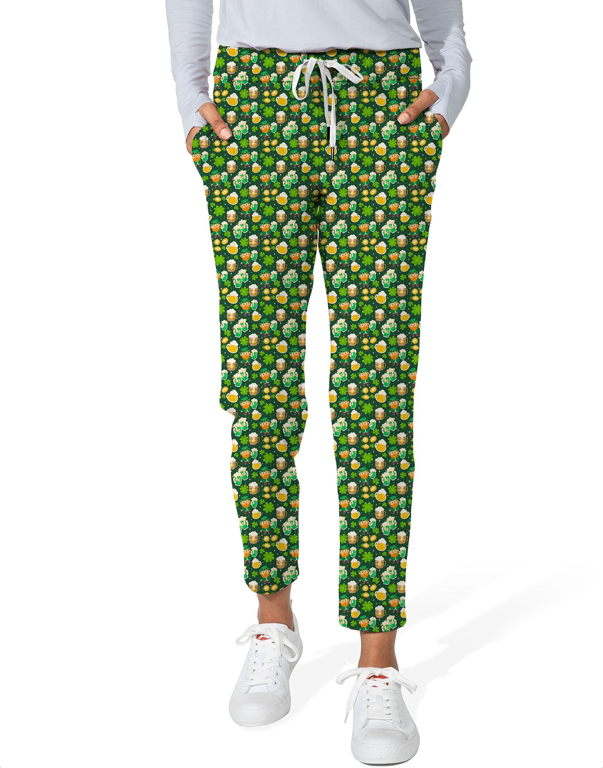 Women's 7/8 stretch ankle golf pants with green beer clover pattern for St. Patrick's Day
