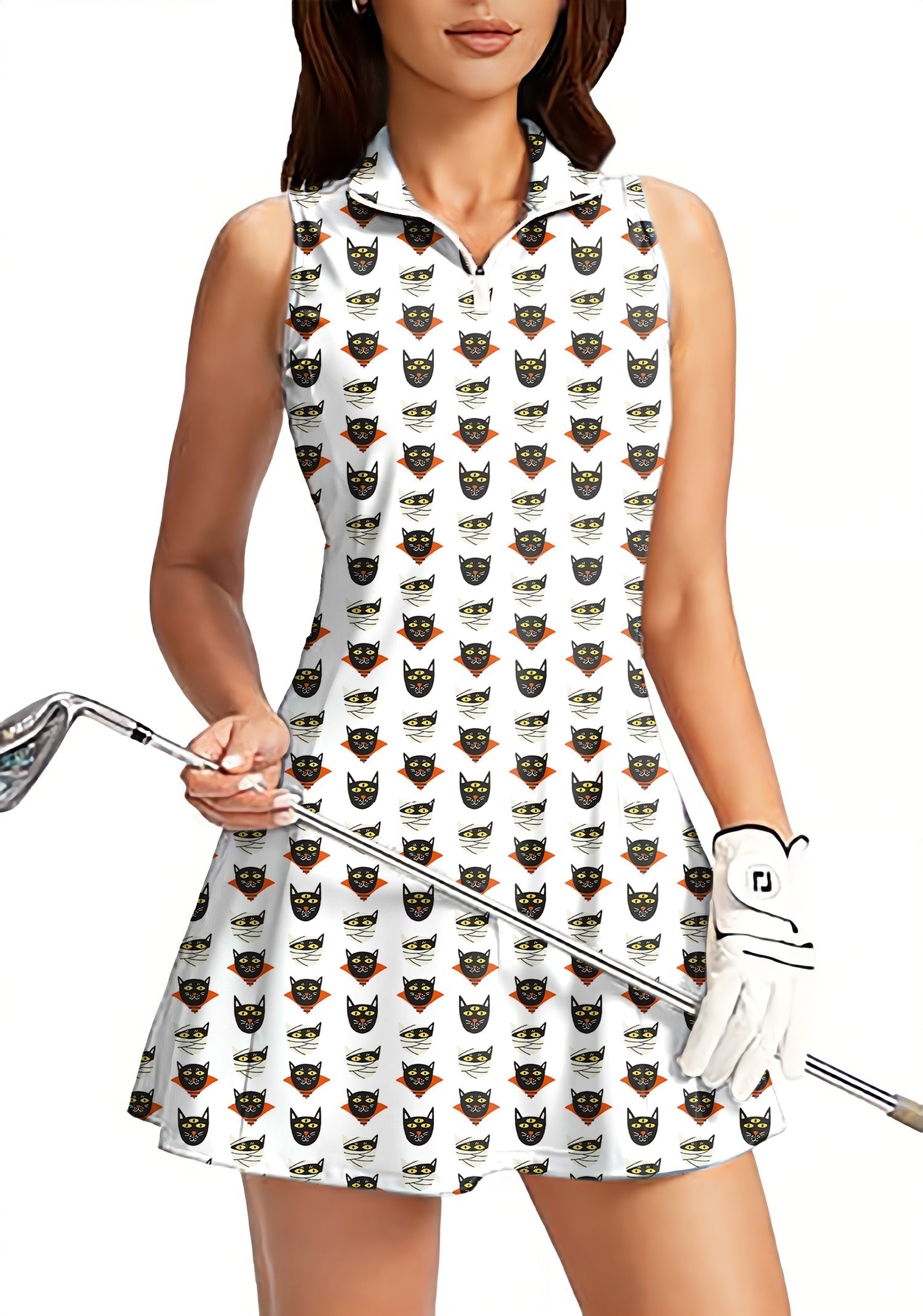 Women's sleeveless golf dress with Halloween Mummy Cat print and built-in shorts