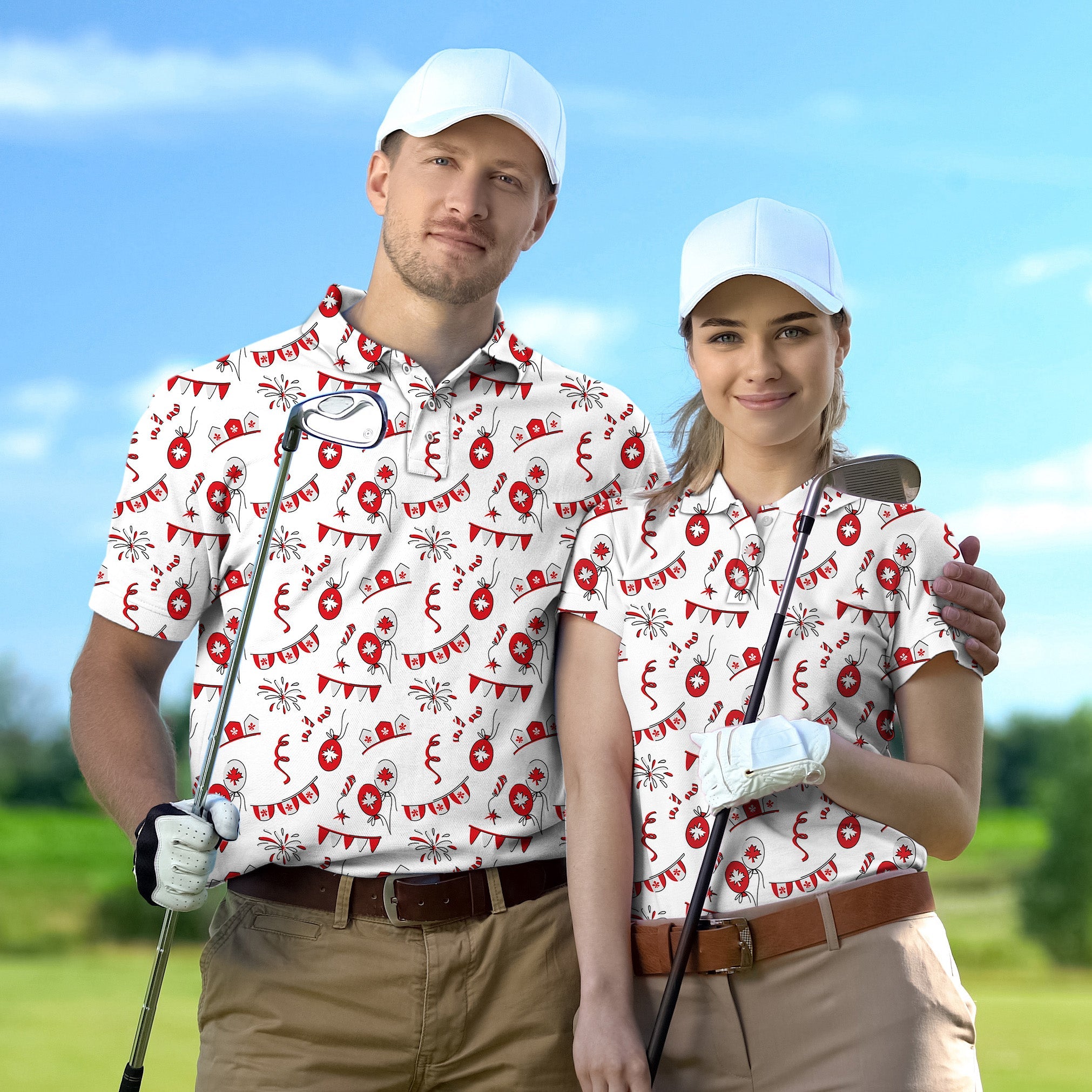 Couple wearing Canadian flag themed golf shirts and white caps holding golf clubs on golf course