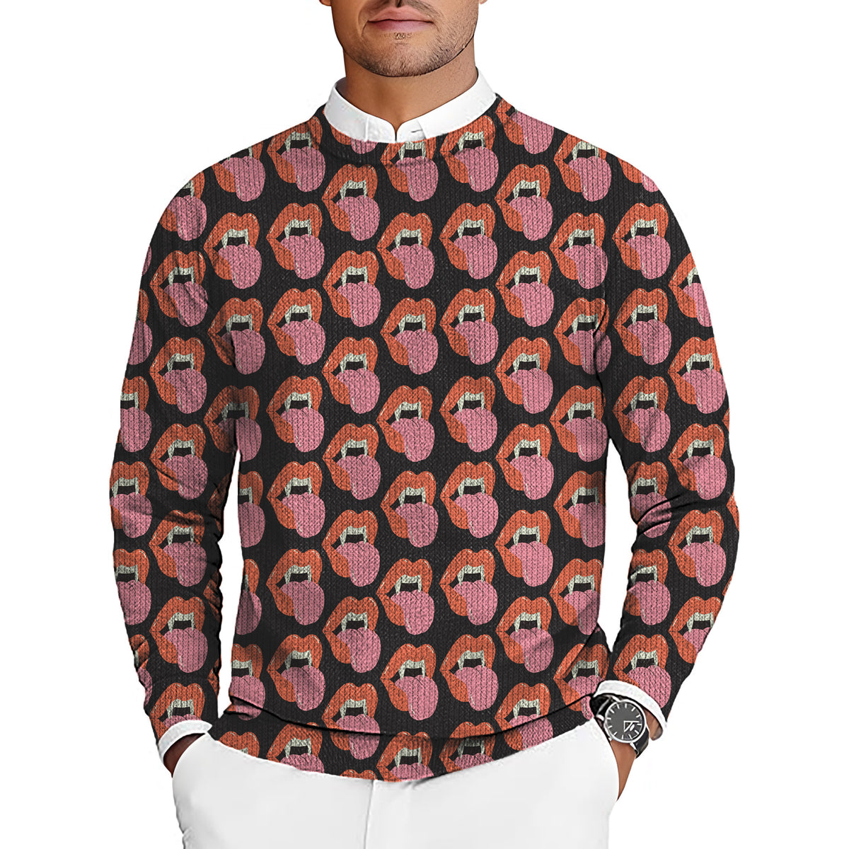 Halloween Vampire Mouth Men's Golf Crewneck Pullover Sweaters Ugly Sweater