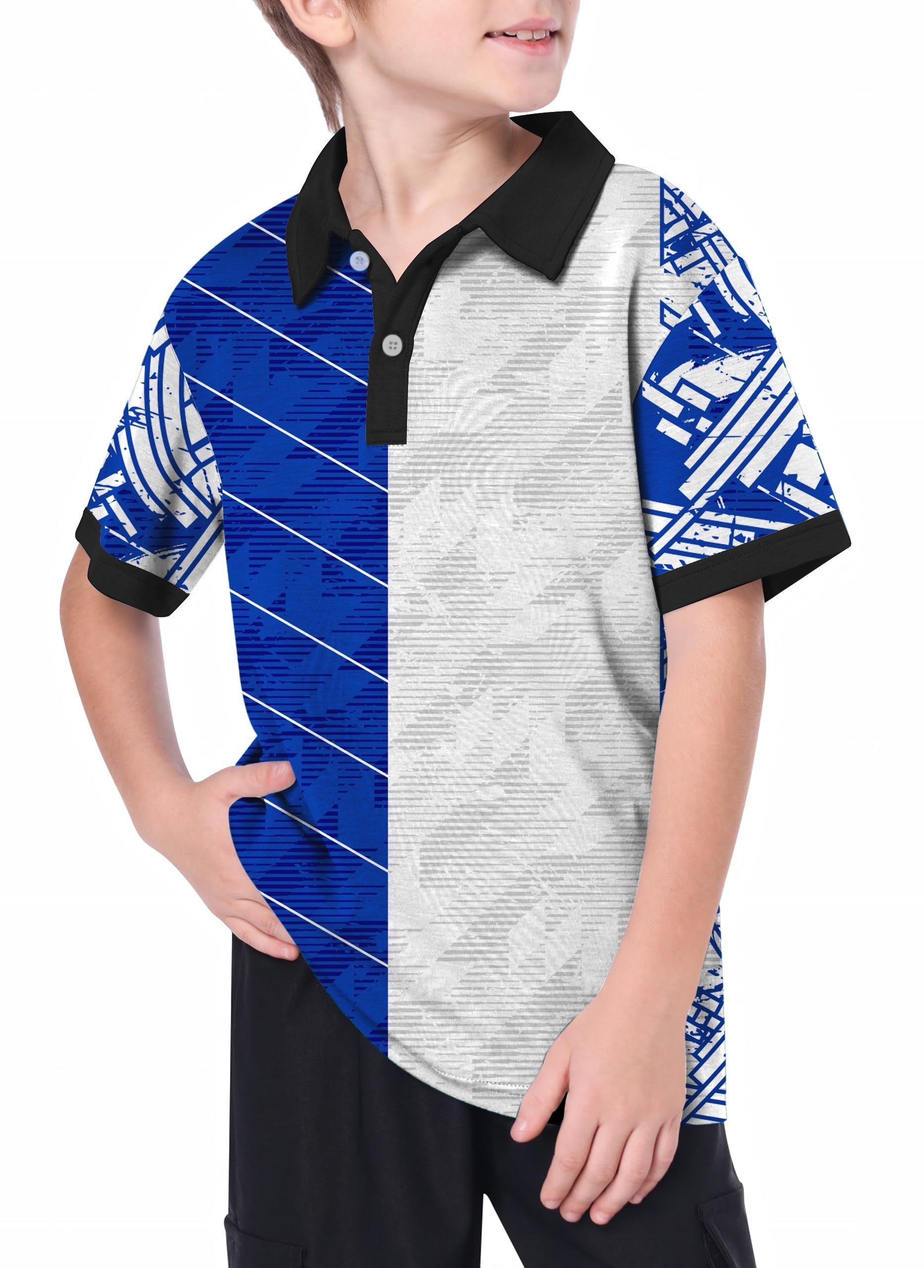 Youth blue stitching custom sport team golf polo with 4-way stretch and moisture-wicking fabric