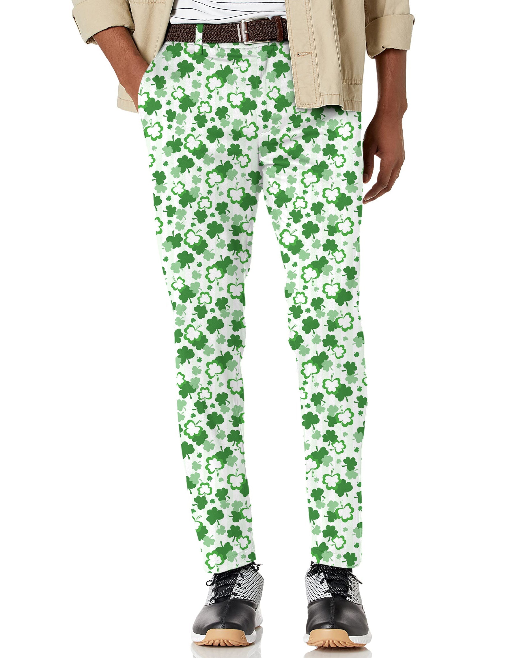 Men's St. Patrick's Day stretch golf pants with green clover leaf pattern and moisture-wicking fabric
