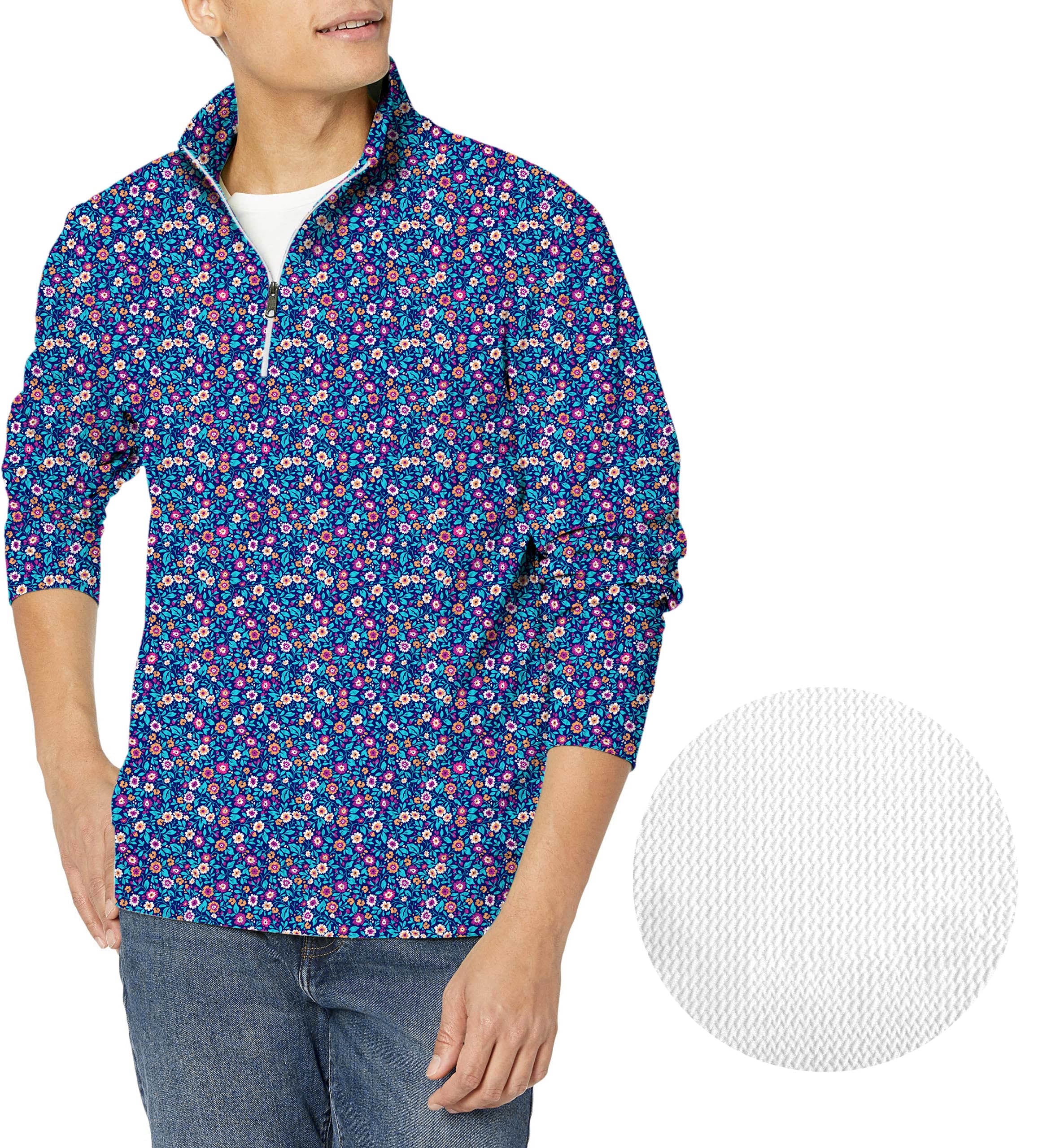 Dark floral men's golf waffle zipper pullover with blue floral pattern and long sleeves