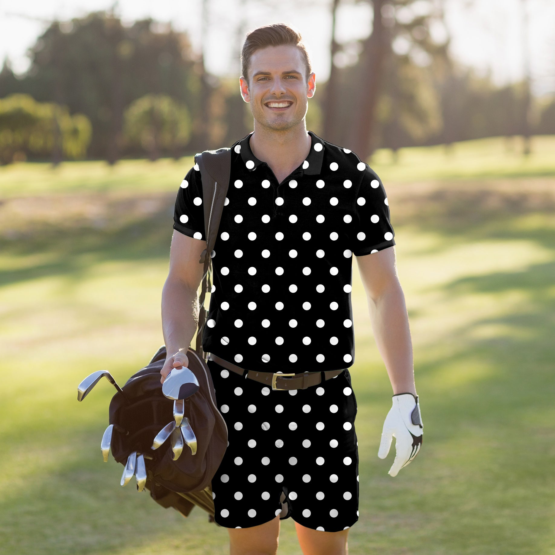 Men's Golf Set Polo+Shorts Pink Polka Dots