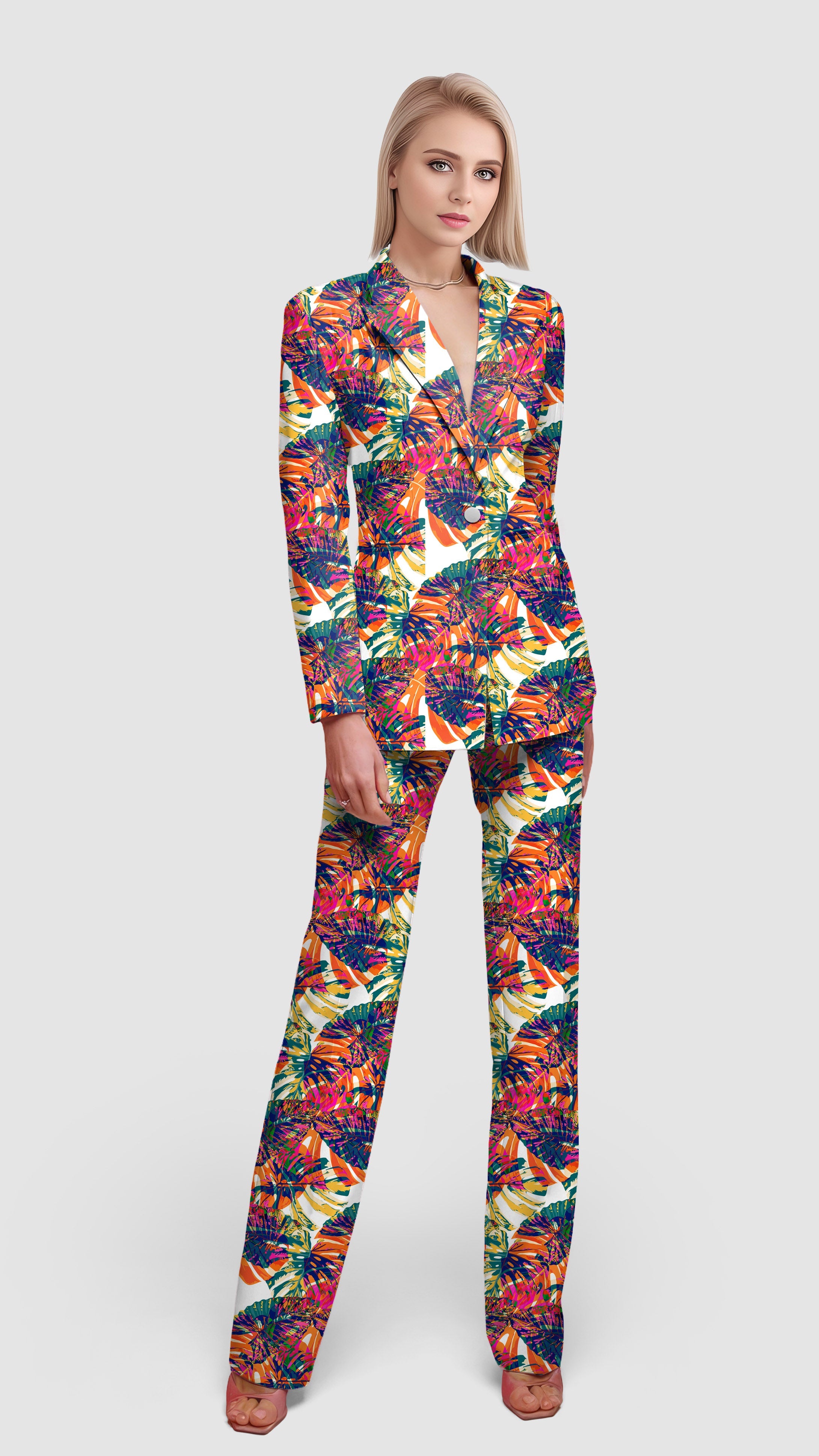 Colorful leafy women's blazer suit set with lapel collar and front button, paired with matching pants, ideal for office and casual wear