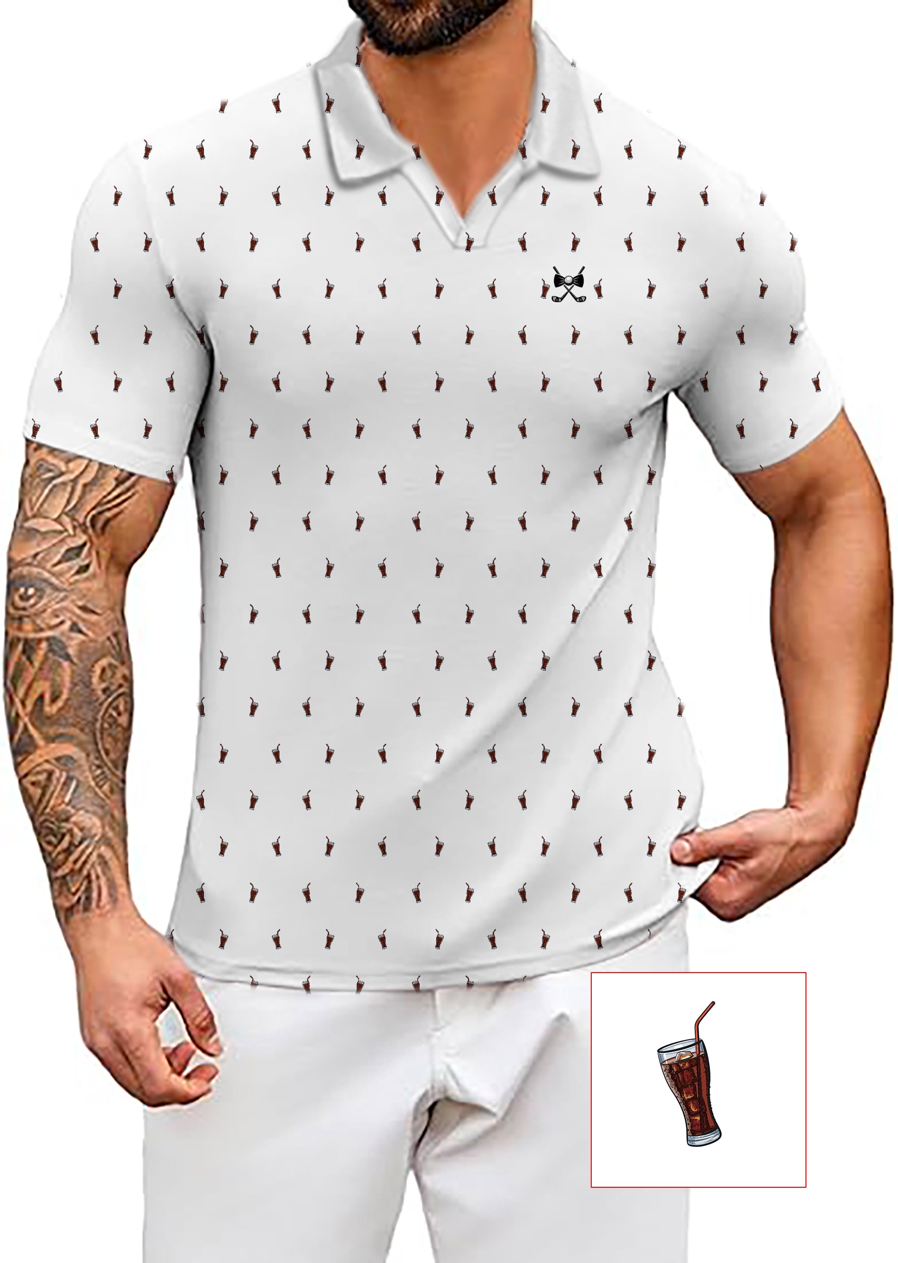 Men's White Cola Glass Cup V Neck Golf Polo Shirts