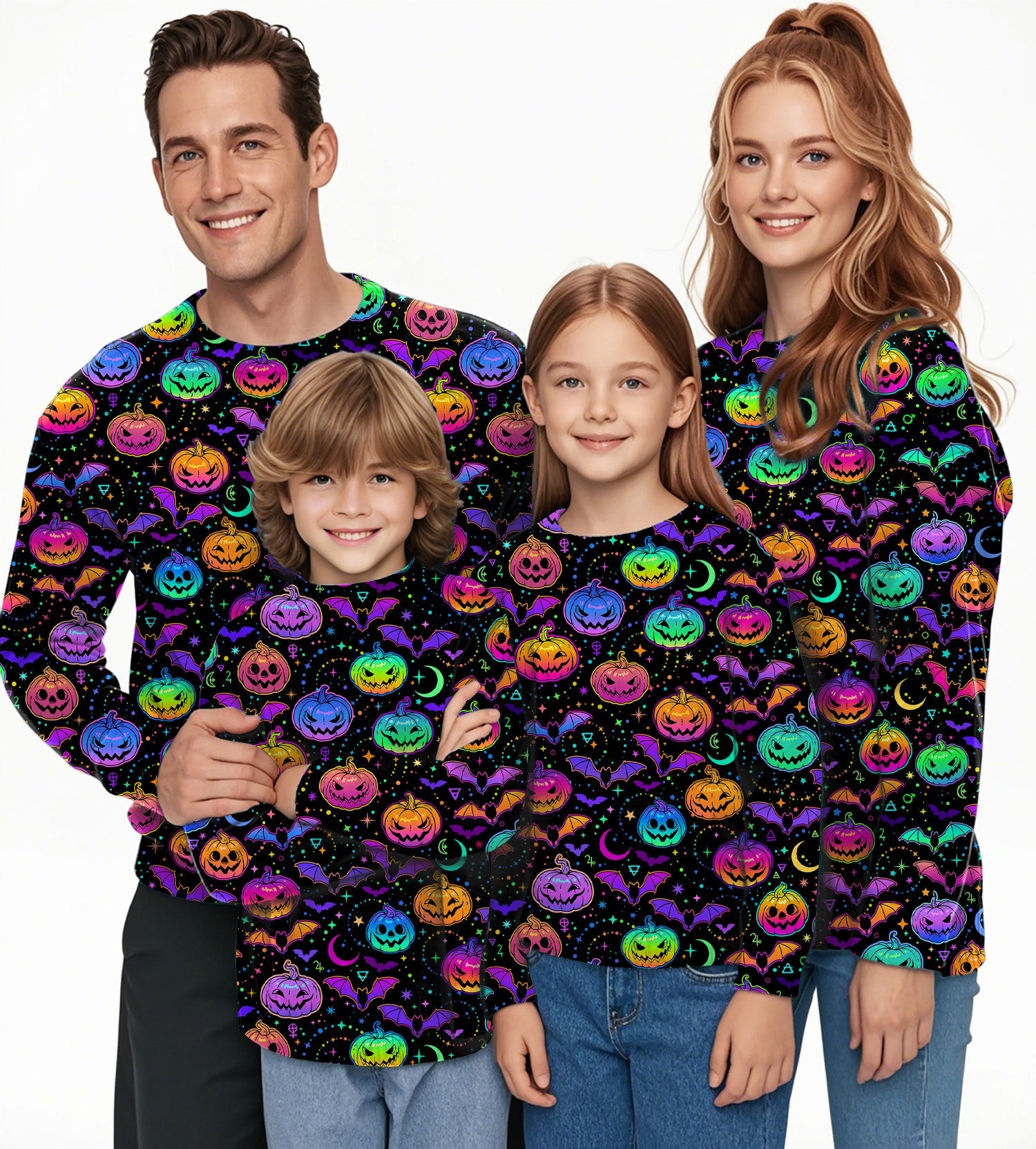Family wearing neon Halloween pumpkin crewneck pullover ugly sweaters for men women and kids