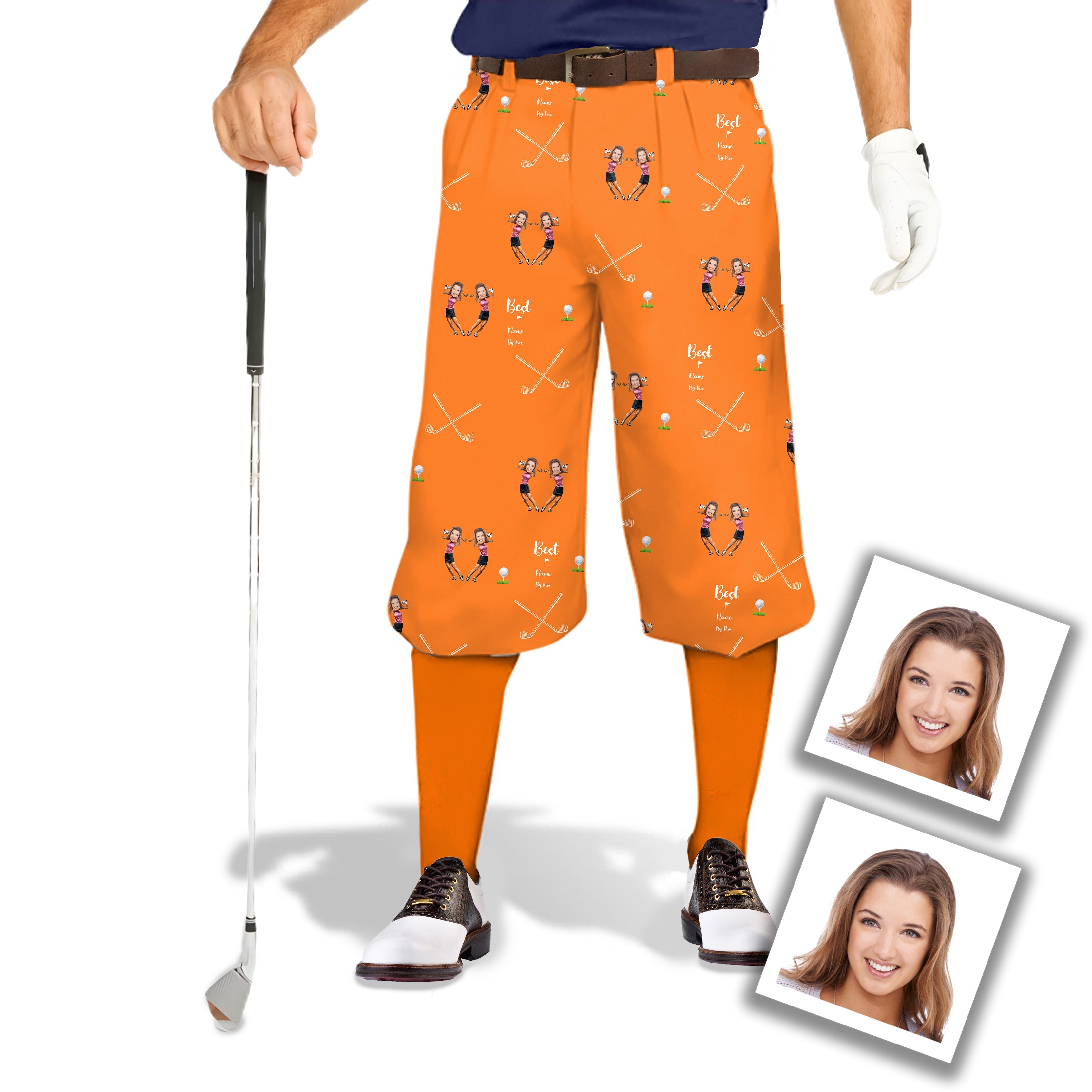 Men's custom sister photo orange golf knickers with name and adjustable velcro waist