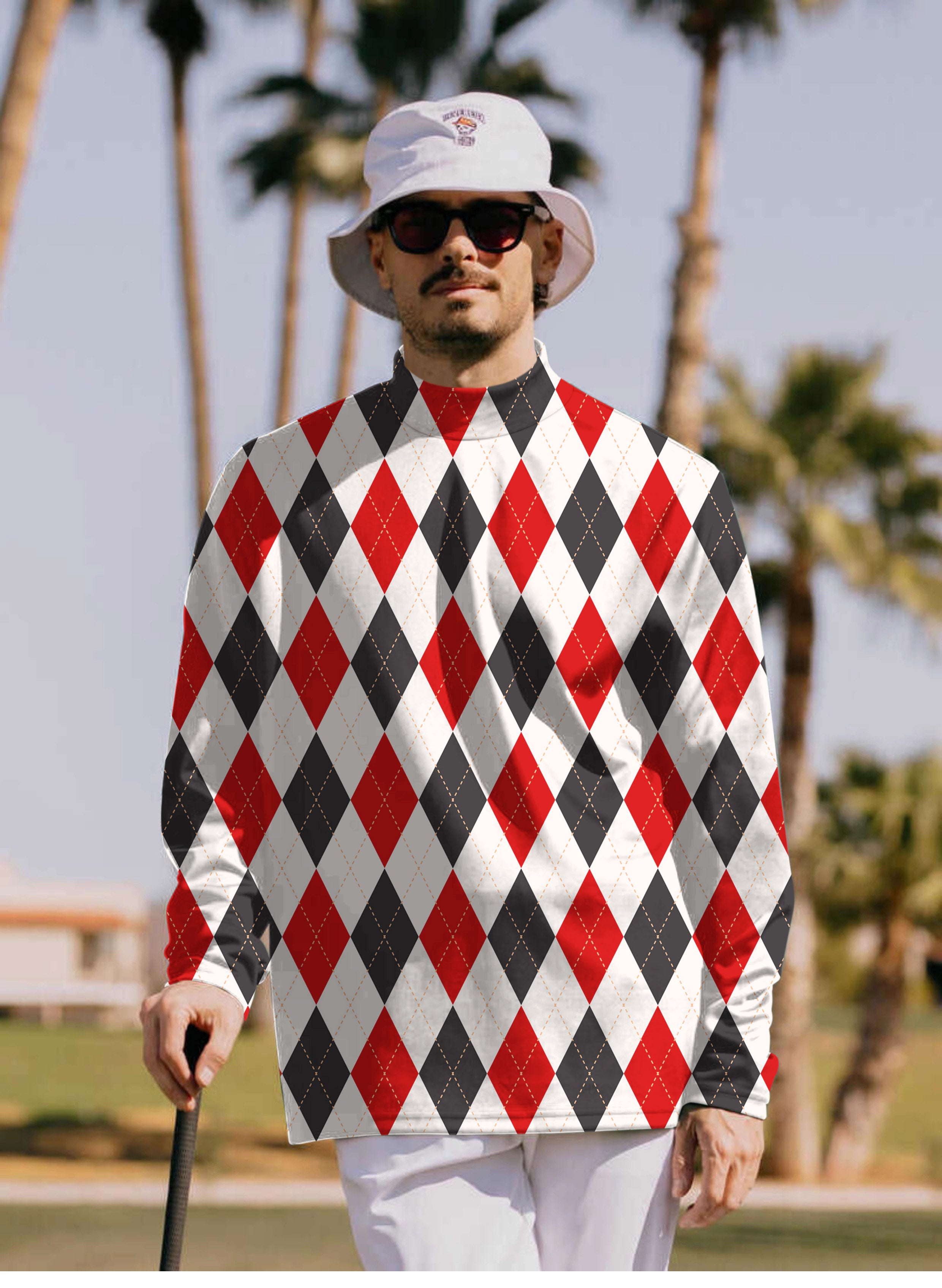Men's Argyle Red black grid Pullover High neck Long/Short sleeve T-Shirt