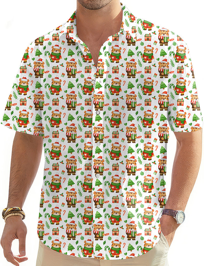 Christmas tiger men's golf Hawaiian shirt with festive holiday print and button-down collar