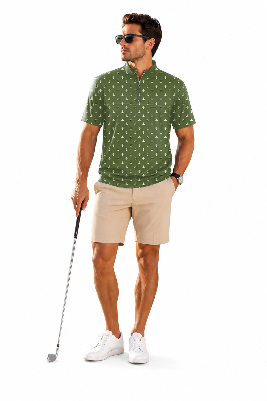 Men's Short Sleeve Quarter Zip Golf Pullover Olive Green Anchor Embroidery