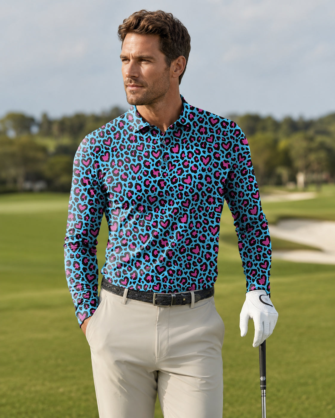 Men's Pink leopard print Long-sleeved Polo