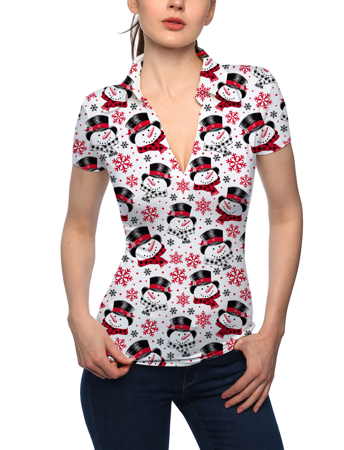 Women's Christmas Snowman V Neck Golf Polo