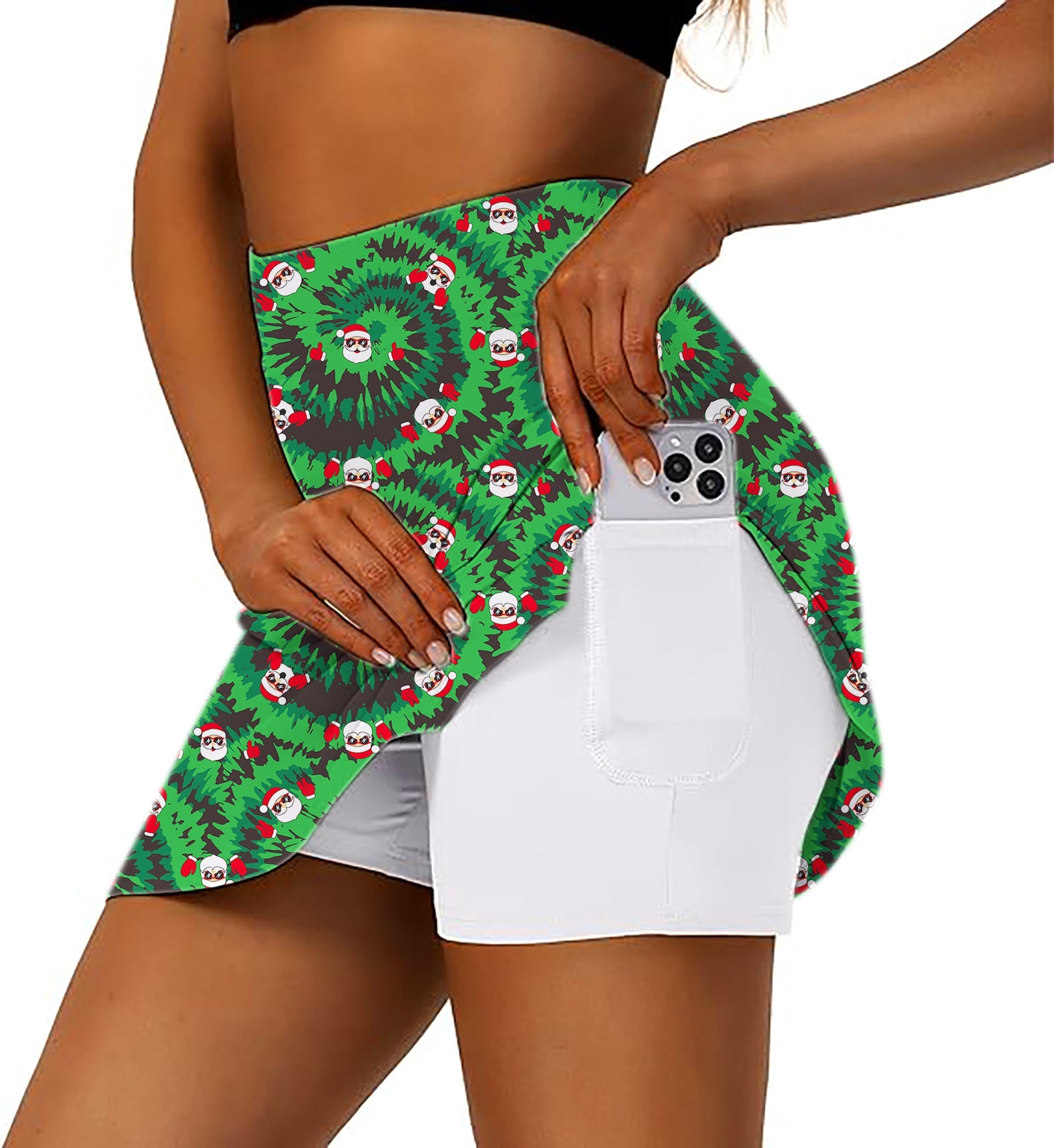 Women's athletic golf skorts with flared festive Santa print, breathable and moisture-wicking fabric, with hidden pockets and wide elastic waistband.