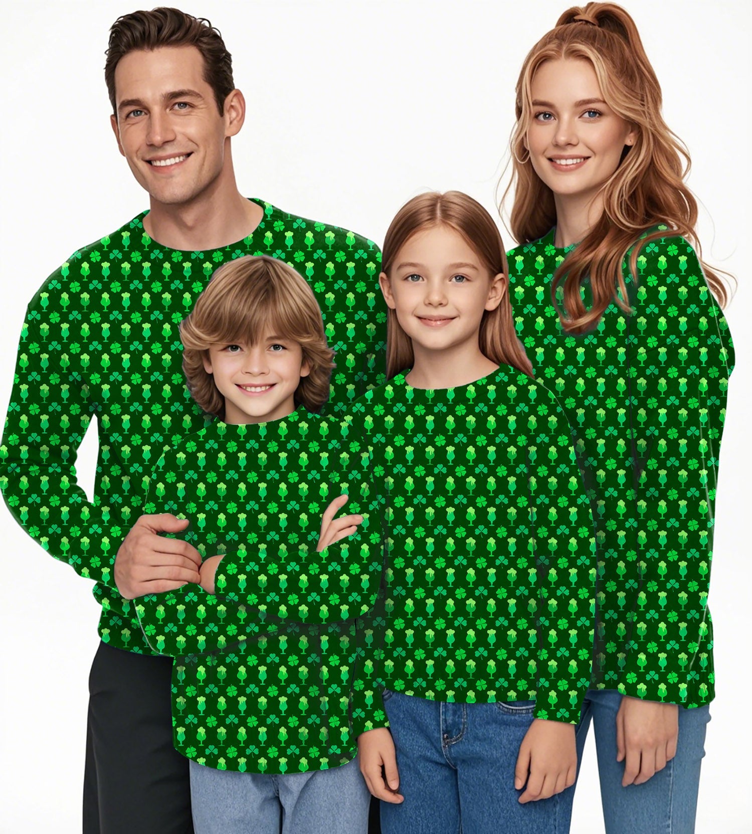 Family wearing green beer clover St. Patrick's Day crewneck pullovers