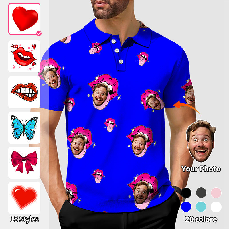 Valentine's Day men's custom photo print royal blue polo shirt with four-way stretch and moisture-wicking fabric