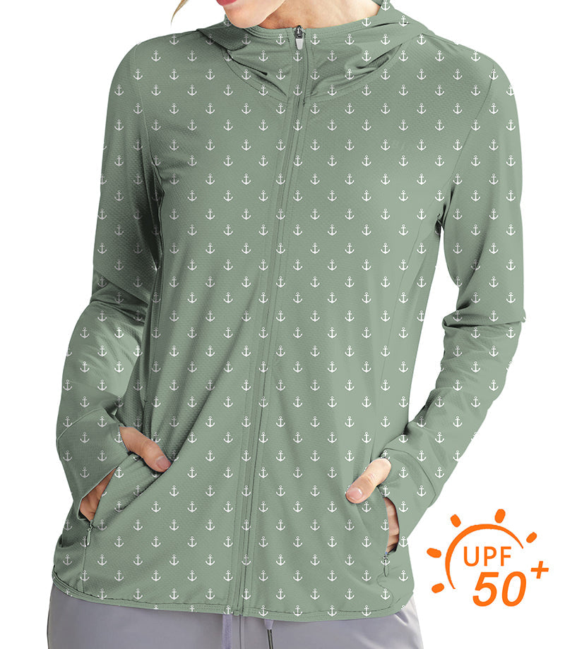 Women's outdoor light green anchor print slim fit golf sun protection hoodie with thumb holes and UPF 50+ fabric