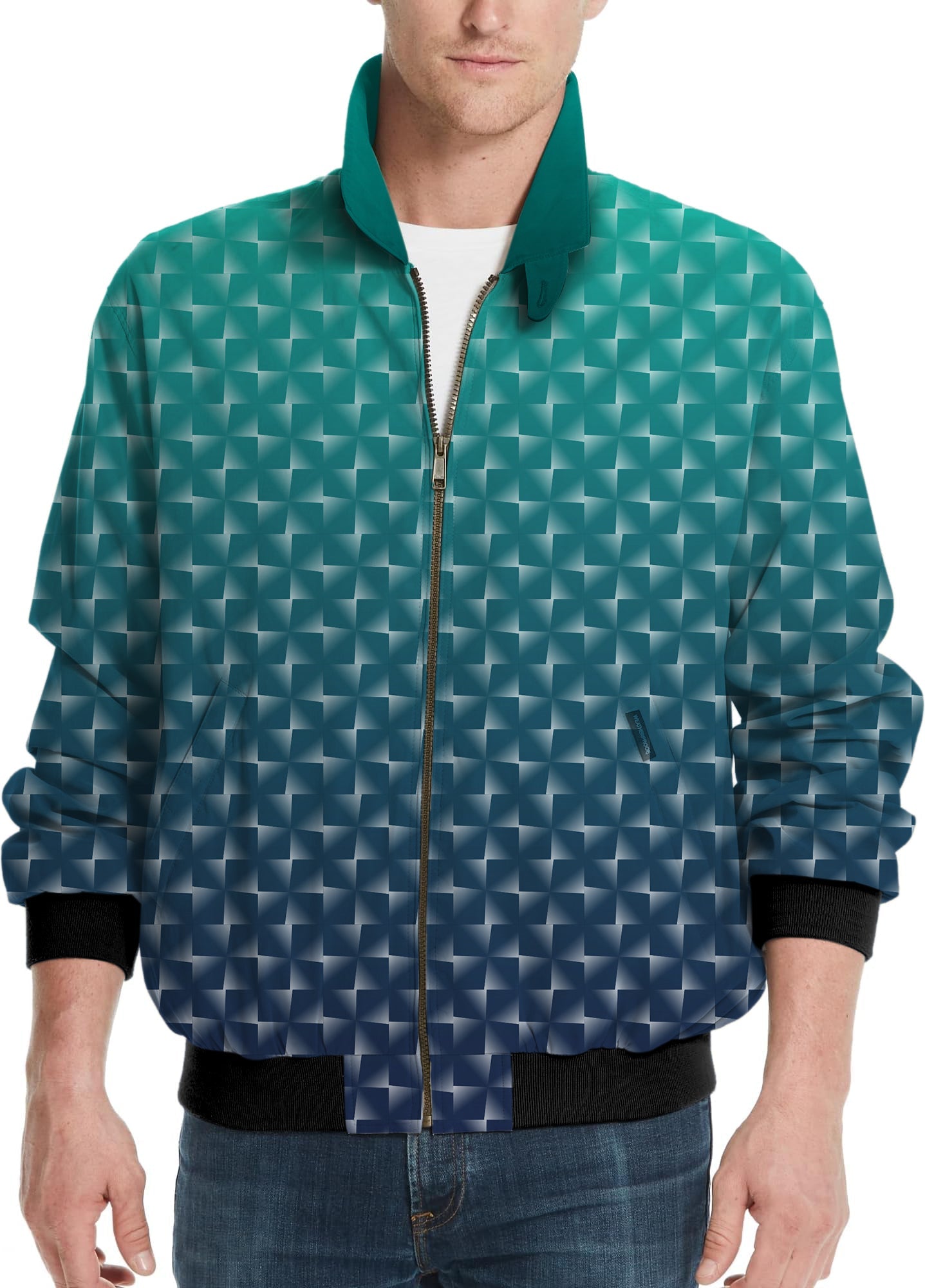 Men's cyan gradient custom sport golf windbreaker jacket with geometric pattern