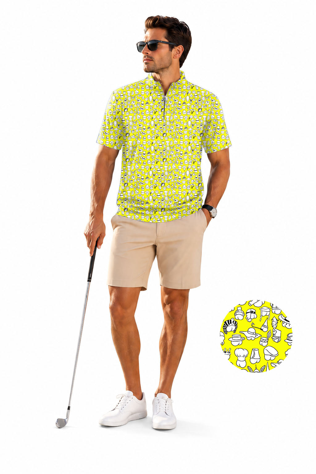 Men's Short Sleeve Quarter Zip Golf Pullover Yellow Versatile Hips Designer style Embroidery Sam’s Weird Studio