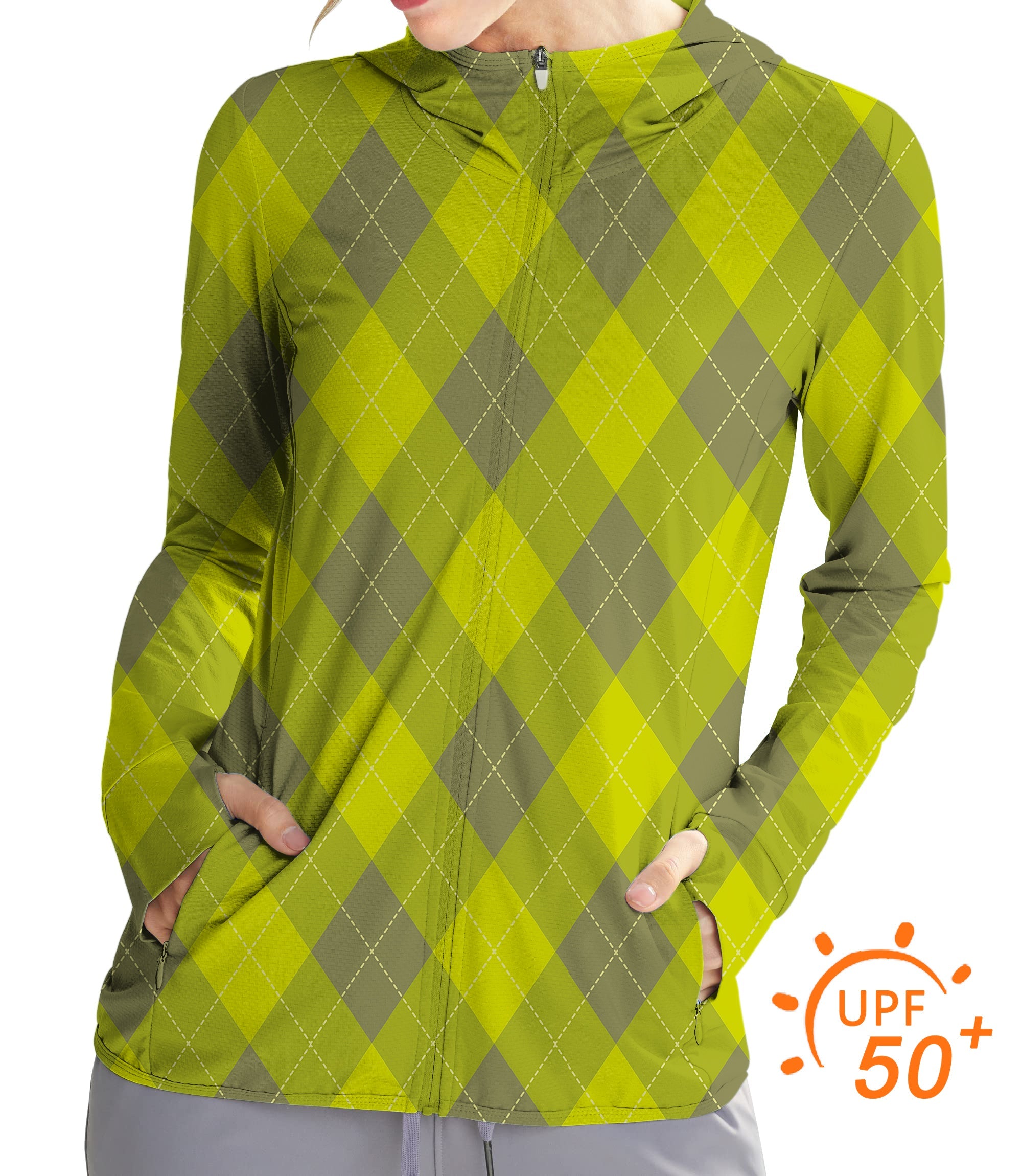 Women's Outdoor Yollow Argyle zip hoodie with UPF 50+ sun protection and slim fit for golf and outdoor activities