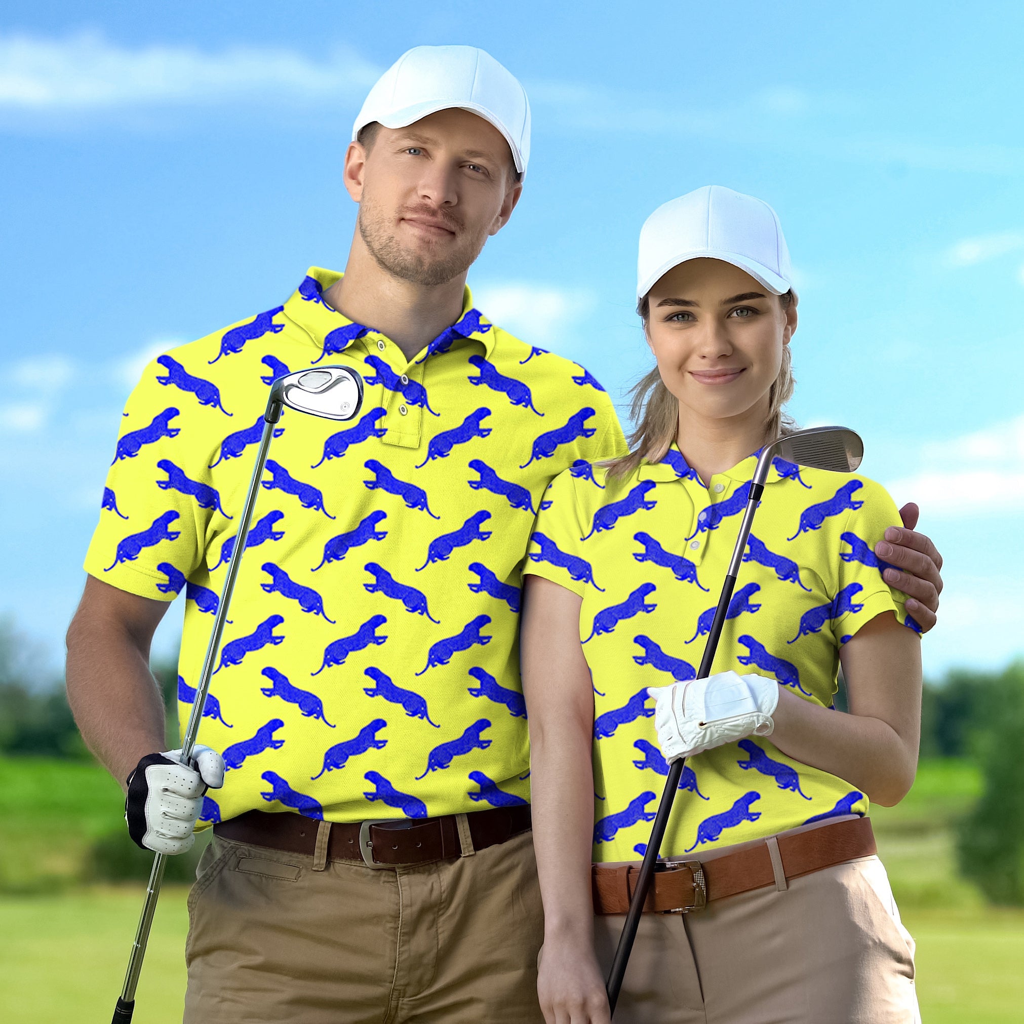 couple wearing blue leopard set golf shirts holding clubs on golf course