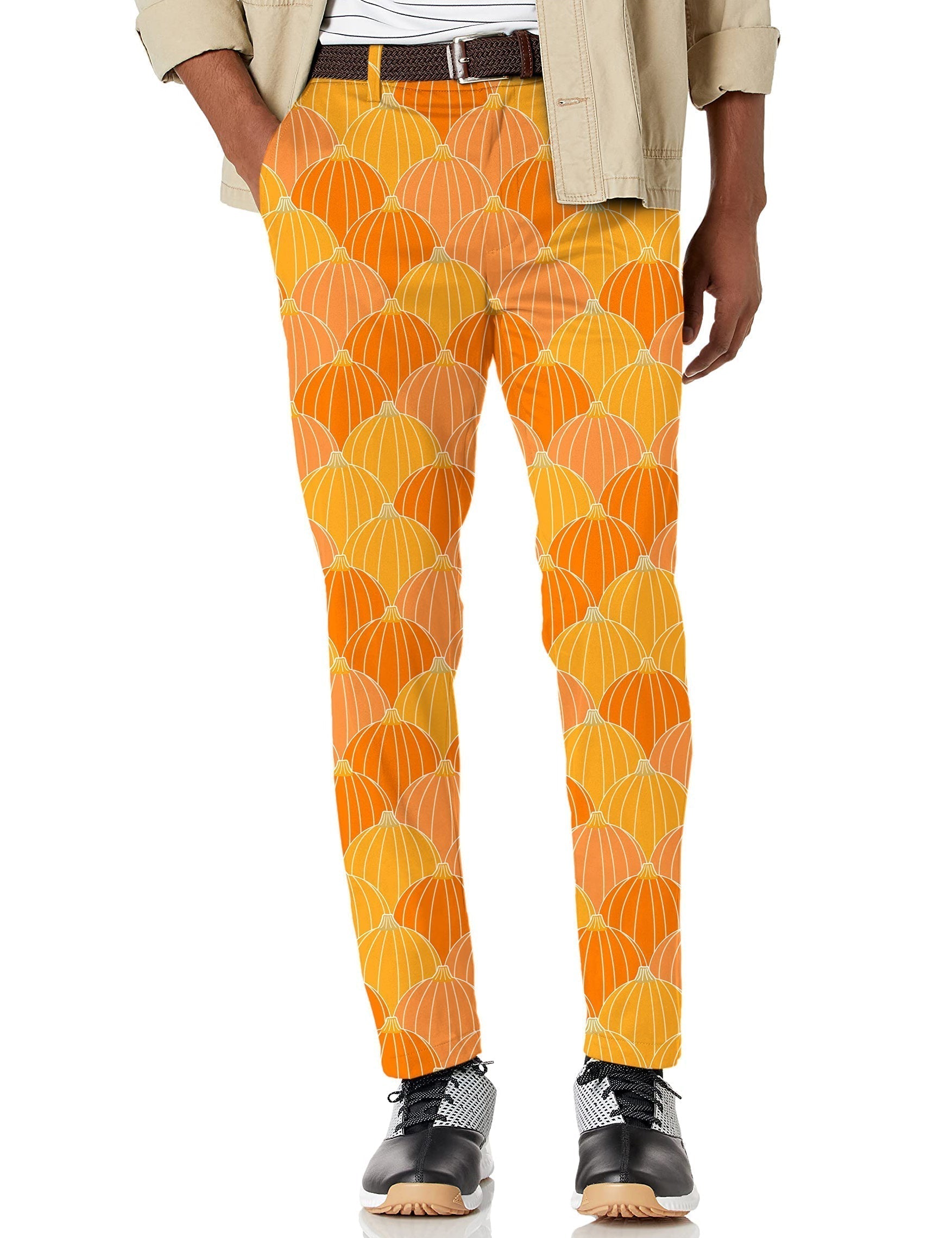 Men's Halloween Thanksgiving Pumpkin Bones stretch golf pants with pumpkin pattern and moisture-wicking fabric