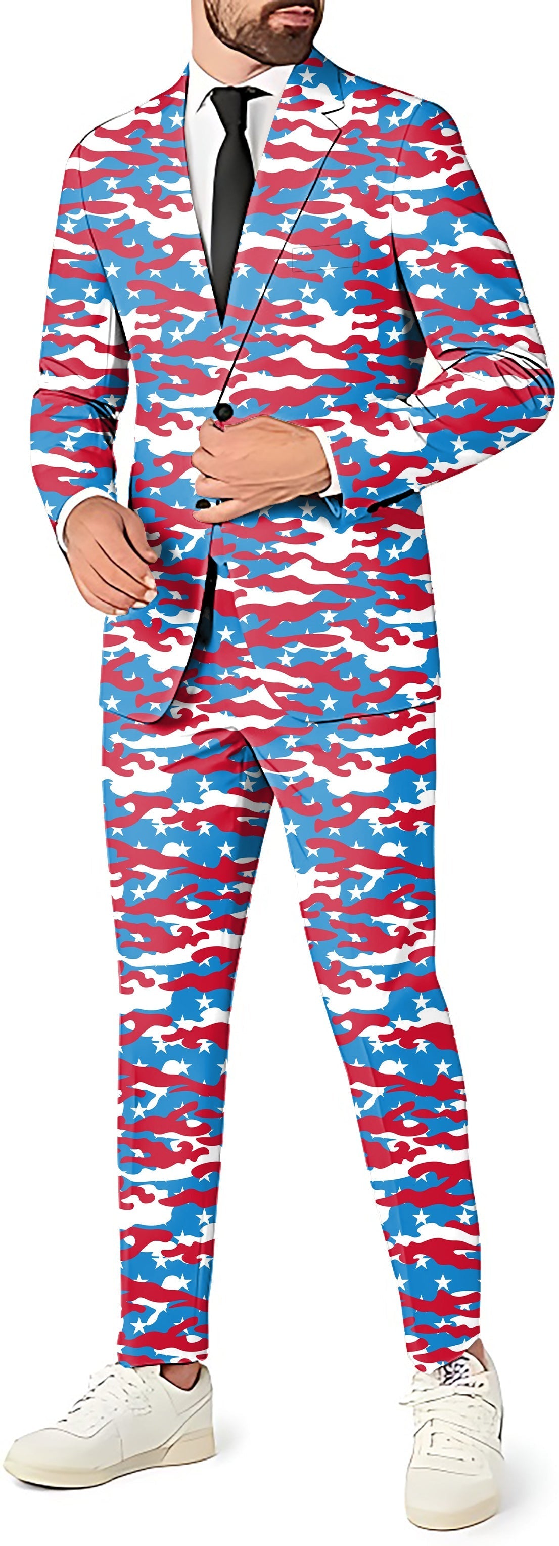Patriotic camo men's suit with blazer, pants, and vest in red, white, and blue for theme parties