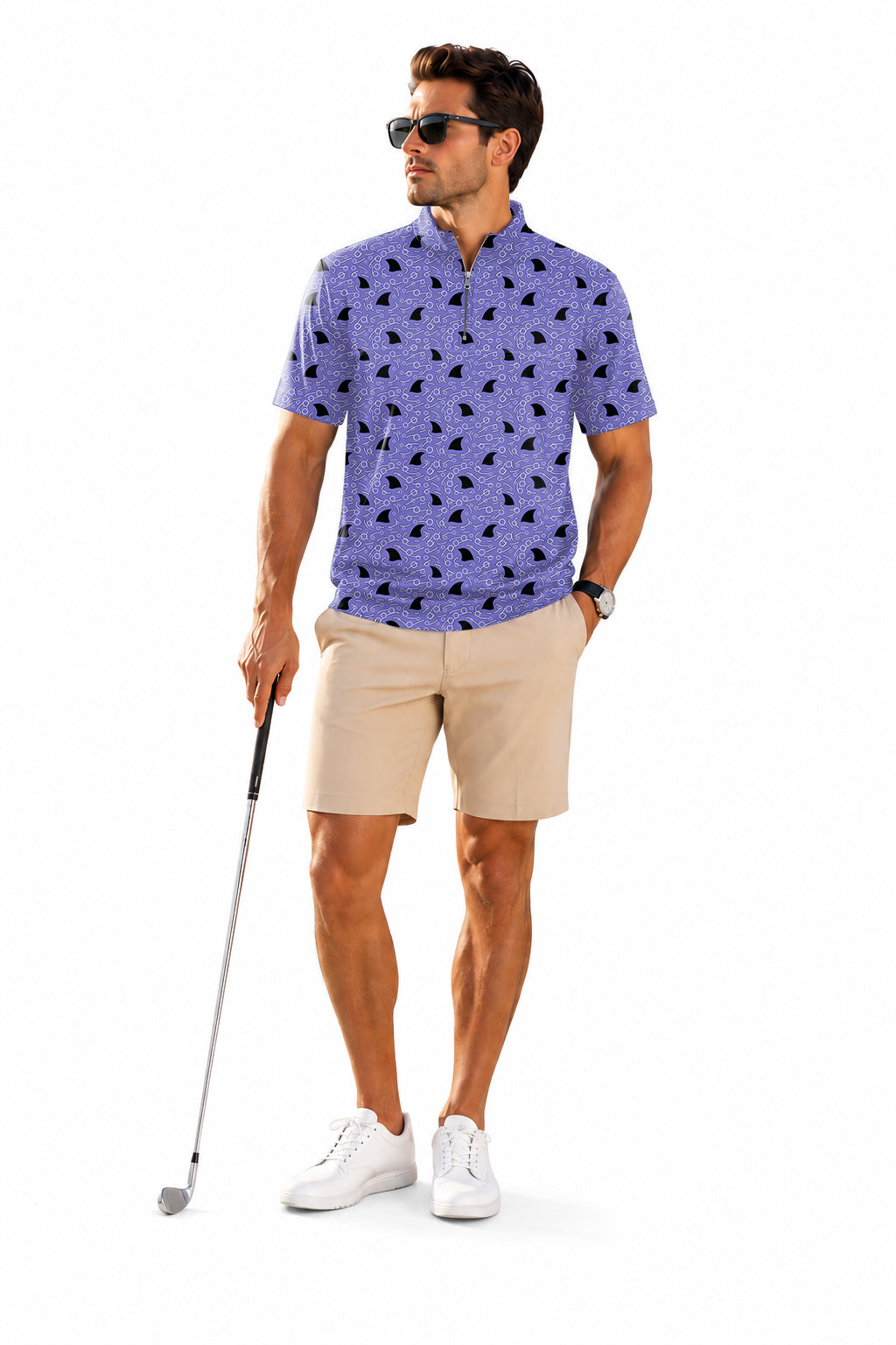 Men's Short Sleeve Quarter Zip Golf Pullover Shark Fin Seamless Embroidery
