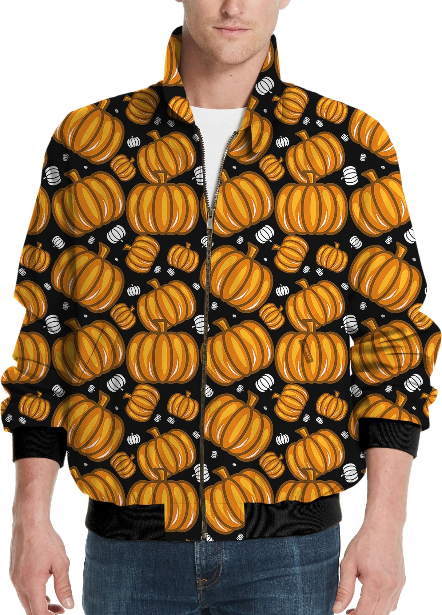 Men's golf windbreaker jacket with Halloween Pumpkin Family design and vibrant orange pumpkins pattern